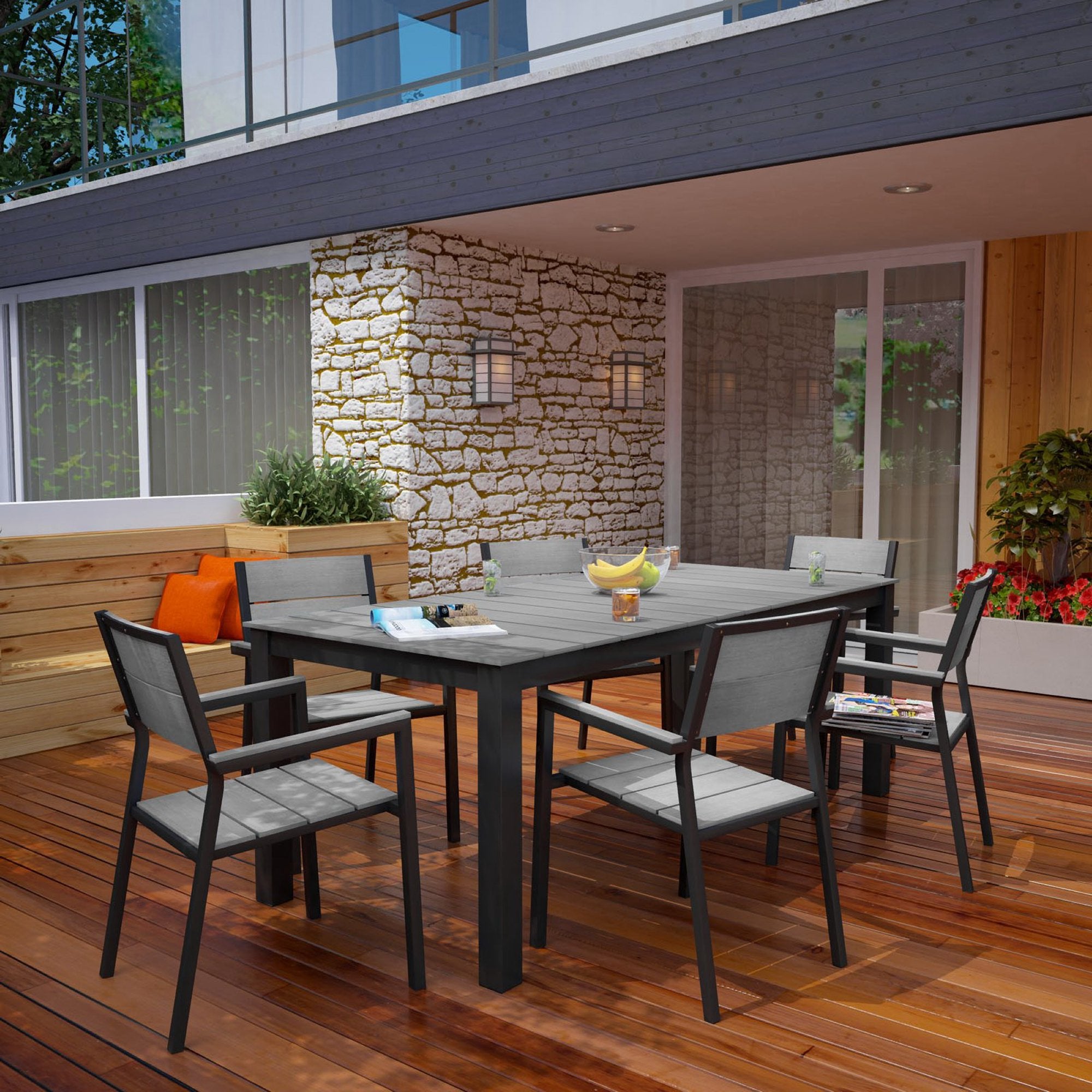 Maine 7 Piece Outdoor Patio Dining Set, Brown Gray