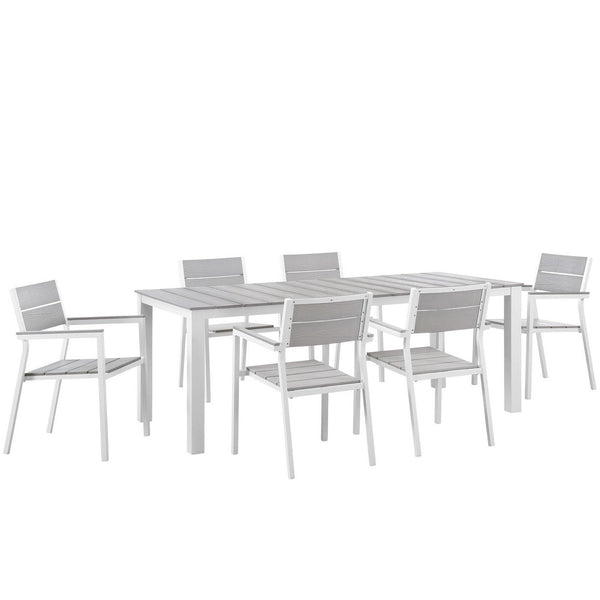Maine 7 Piece Outdoor Patio Dining Set, White Light Gray