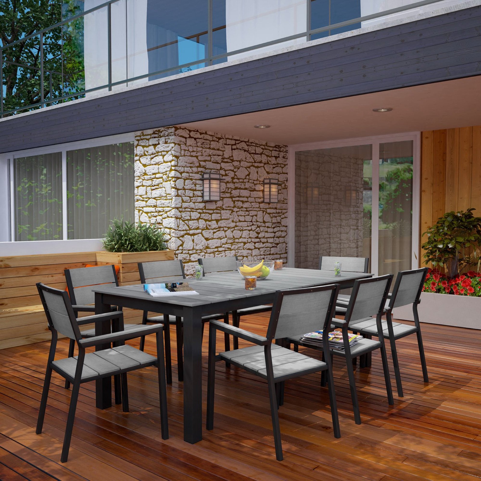 Maine 9 Piece Outdoor Patio Dining Set, Brown Gray