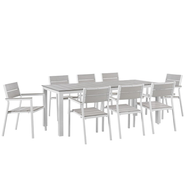 Maine 9 Piece Outdoor Patio Dining Set, White Light Gray