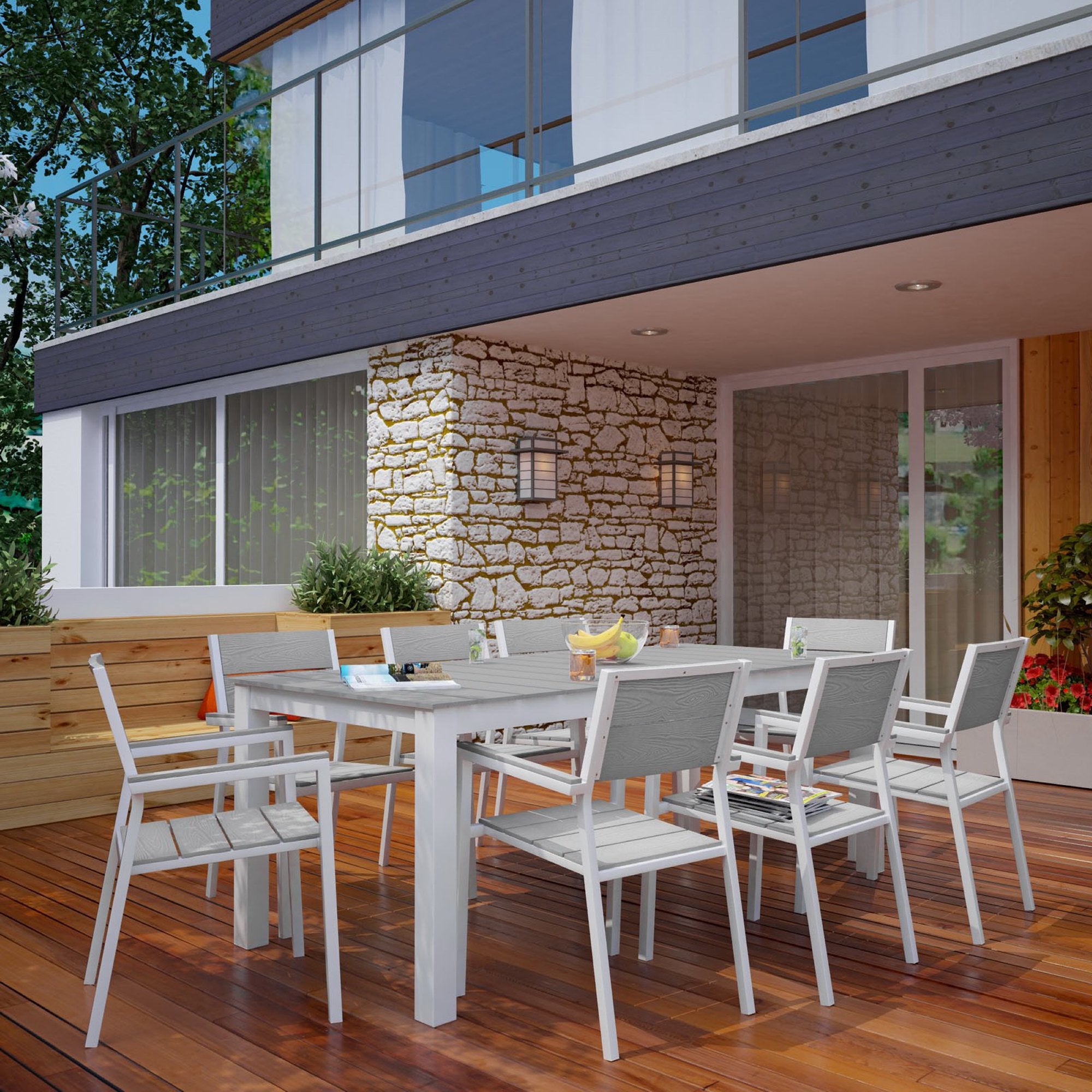 Maine 9 Piece Outdoor Patio Dining Set, White Light Gray