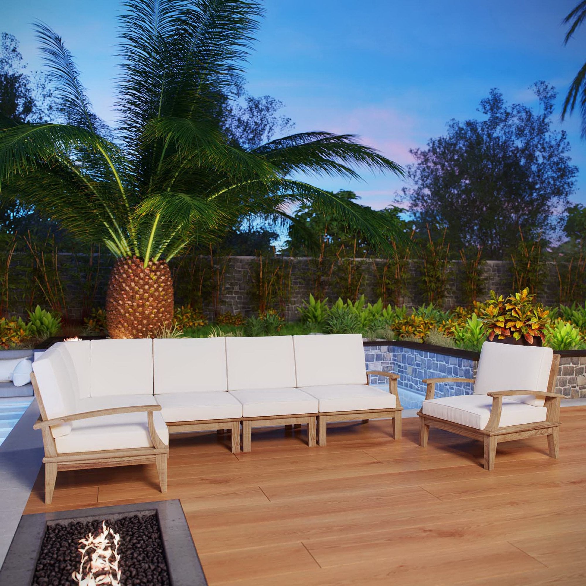 Marina 6 Piece Outdoor Patio Teak Set, Natural White