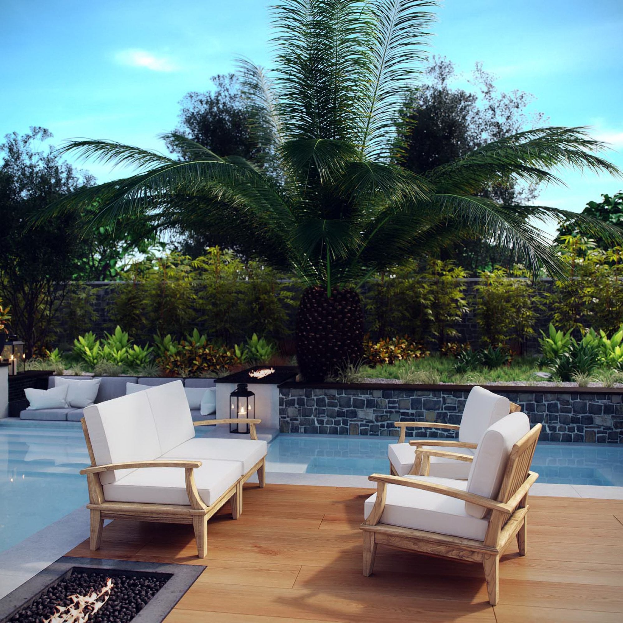Marina 4 Piece Outdoor Patio Teak Set, Natural White