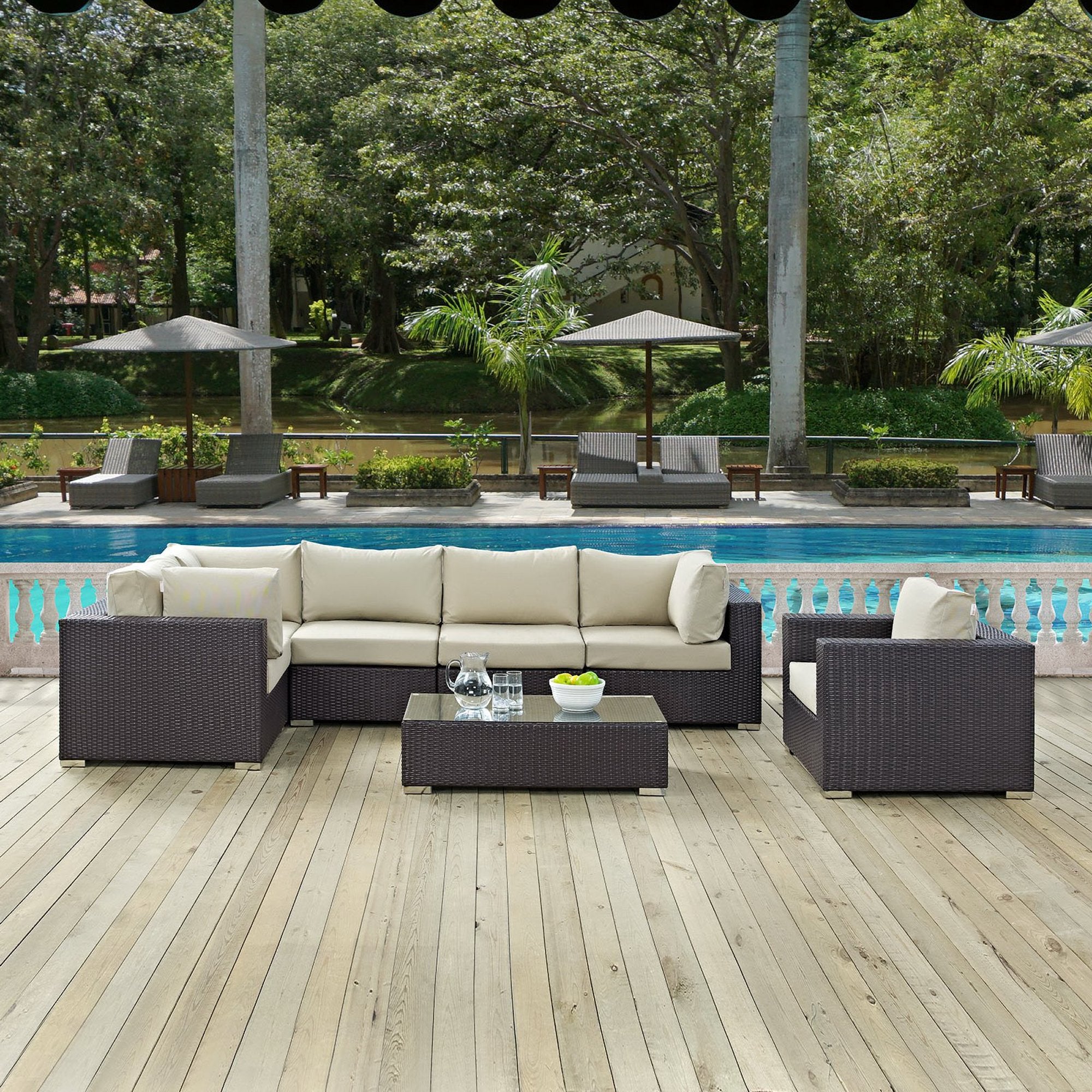 Convene 7 Piece Outdoor Patio Sectional Set, Espresso Beige
