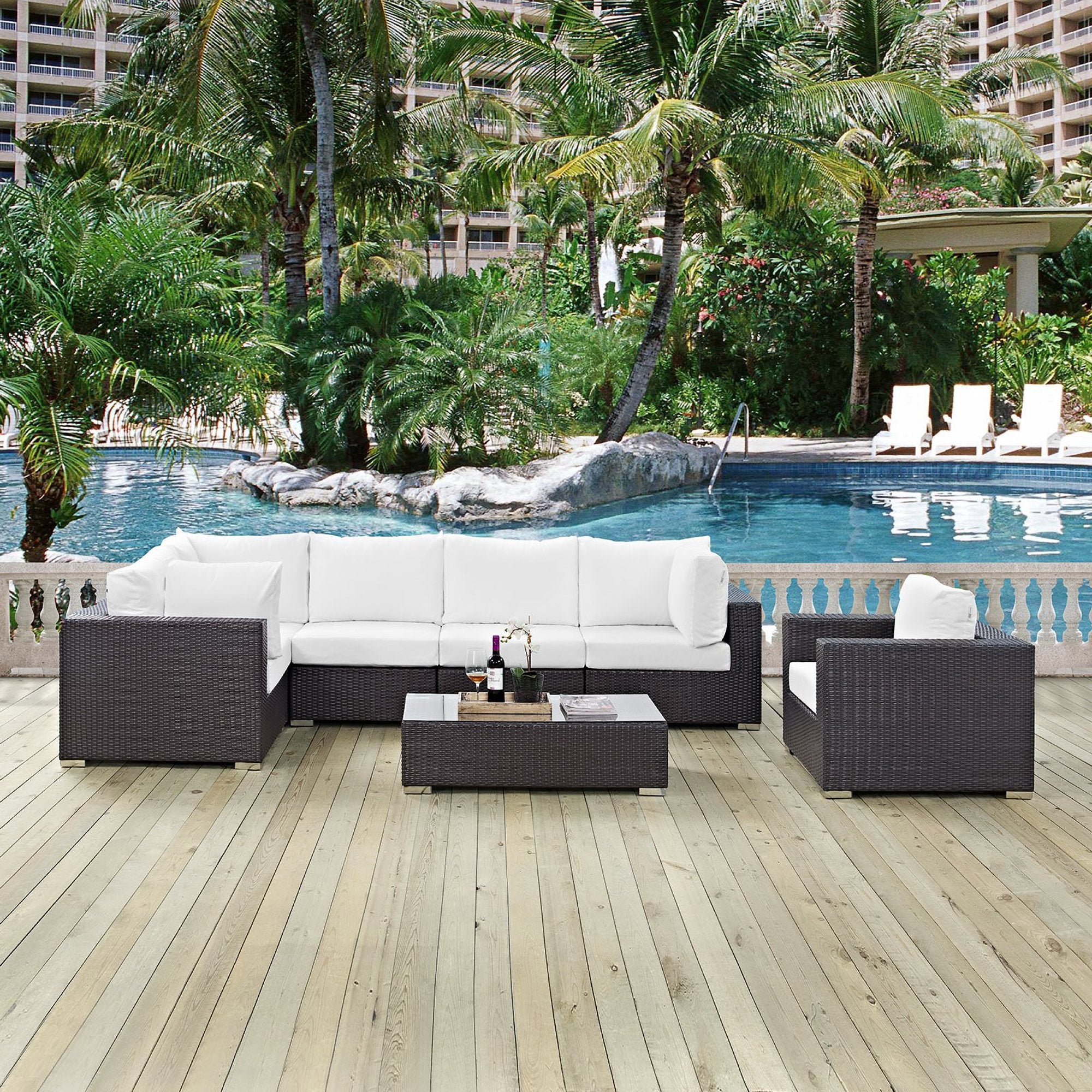 Convene 7 Piece Outdoor Patio Sectional Set, Espresso White