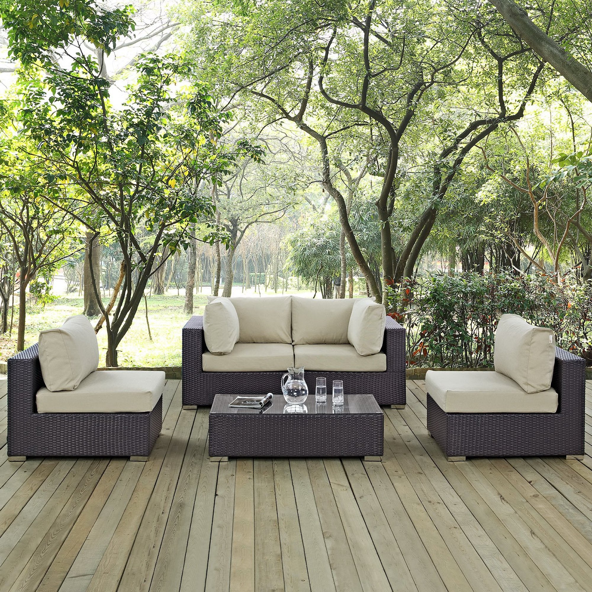Convene 5 Piece Outdoor Patio Sectional Set, Espresso Beige