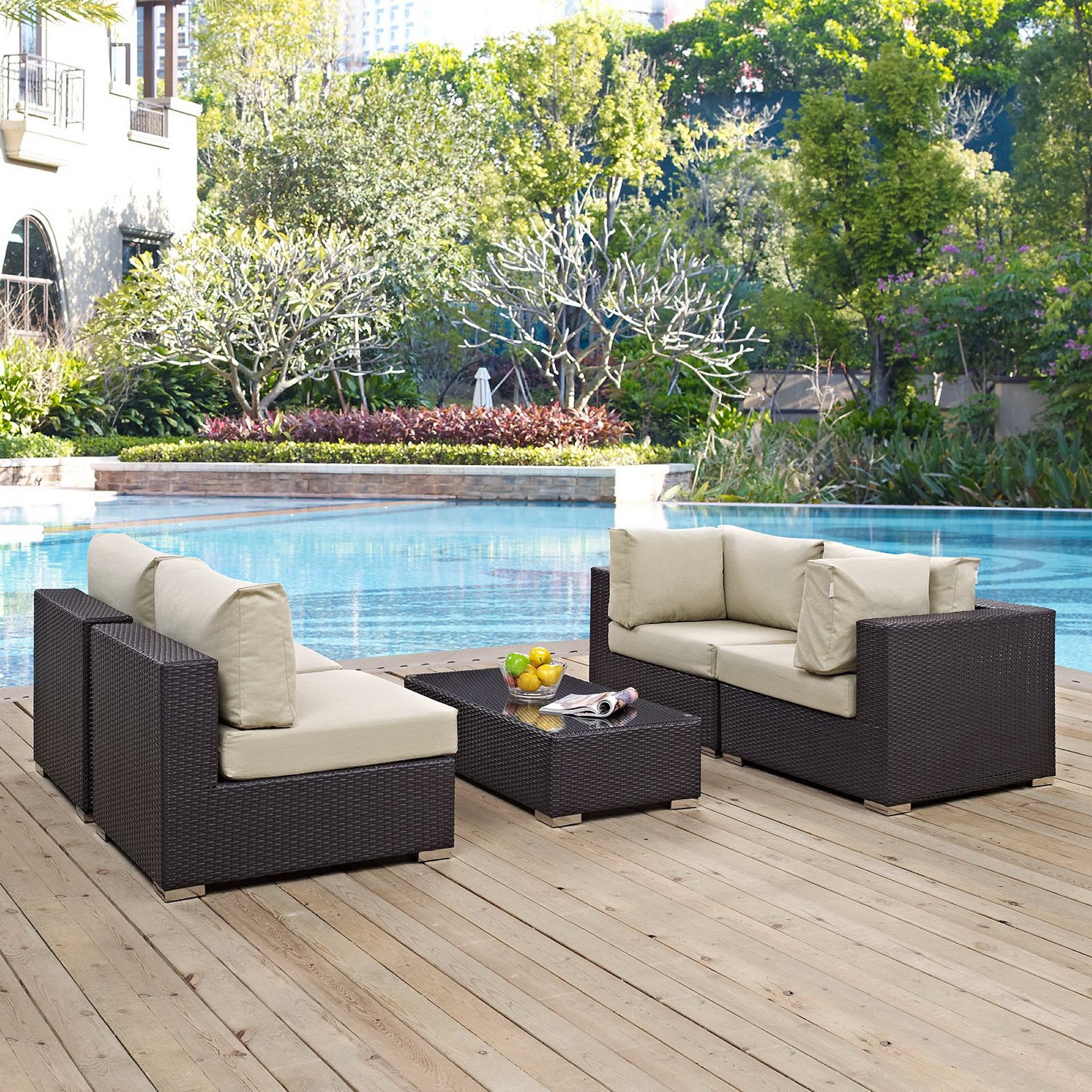 Convene 5 Piece Outdoor Patio Sectional Set, Espresso Beige