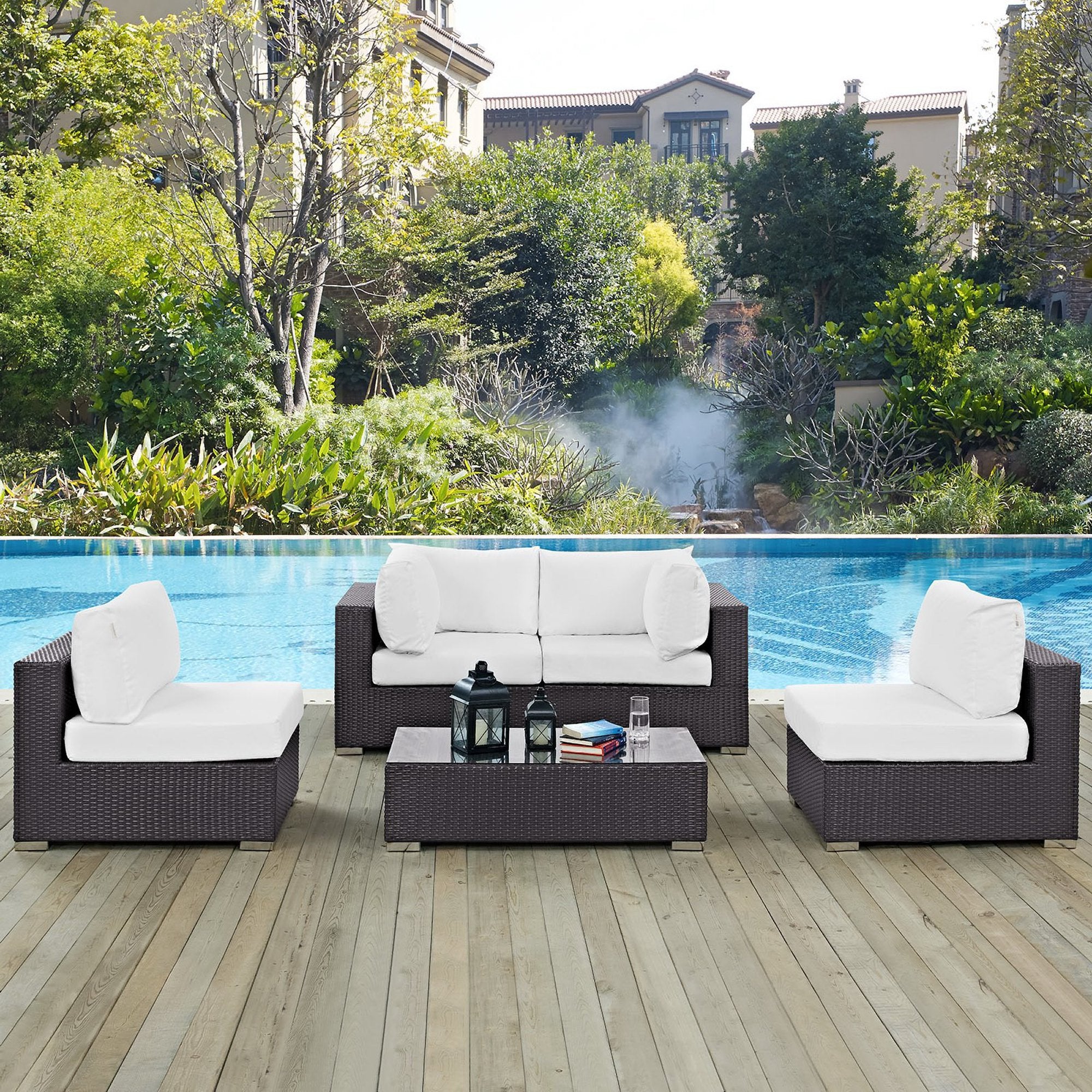 Convene 5 Piece Outdoor Patio Sectional Set, Espresso White