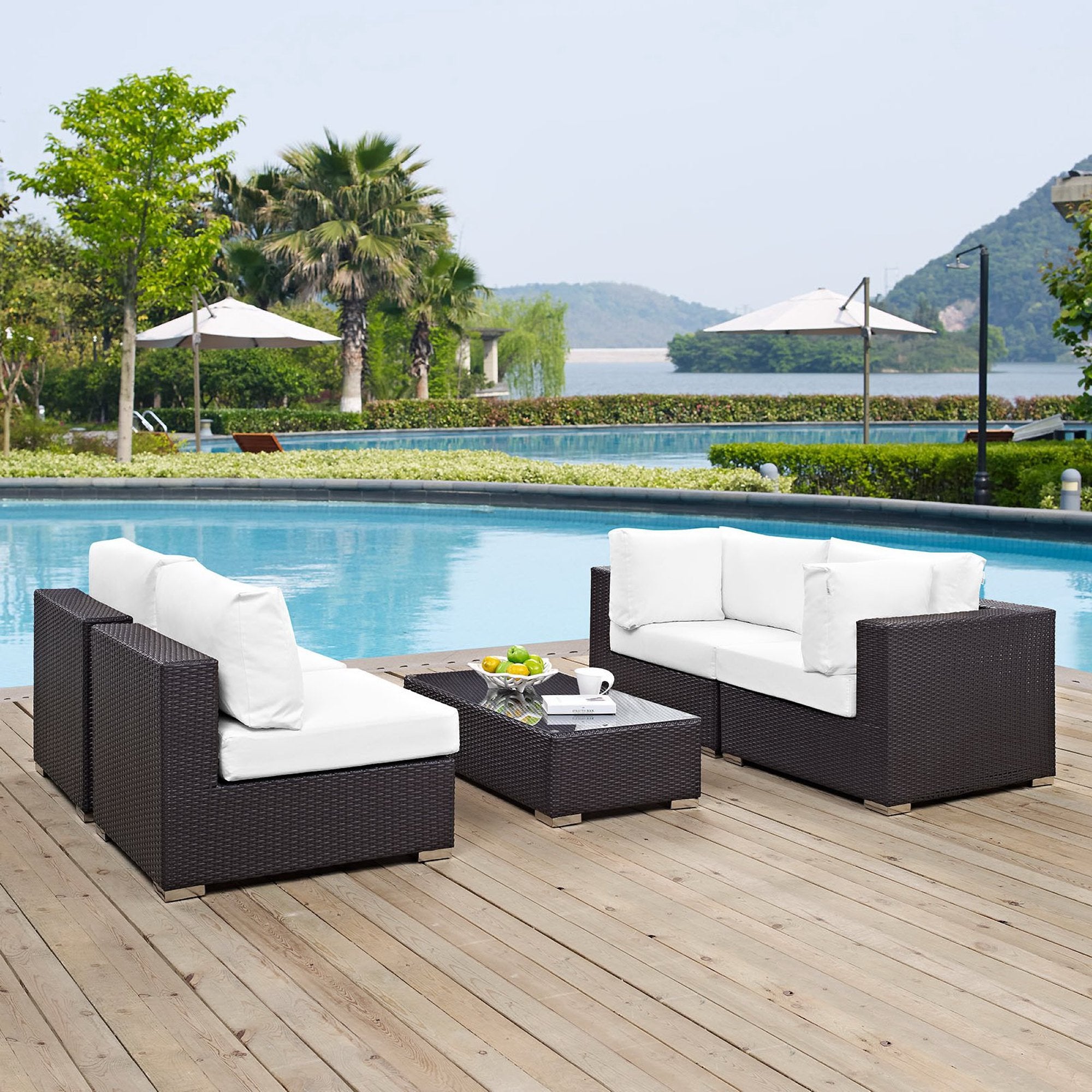 Convene 5 Piece Outdoor Patio Sectional Set, Espresso White