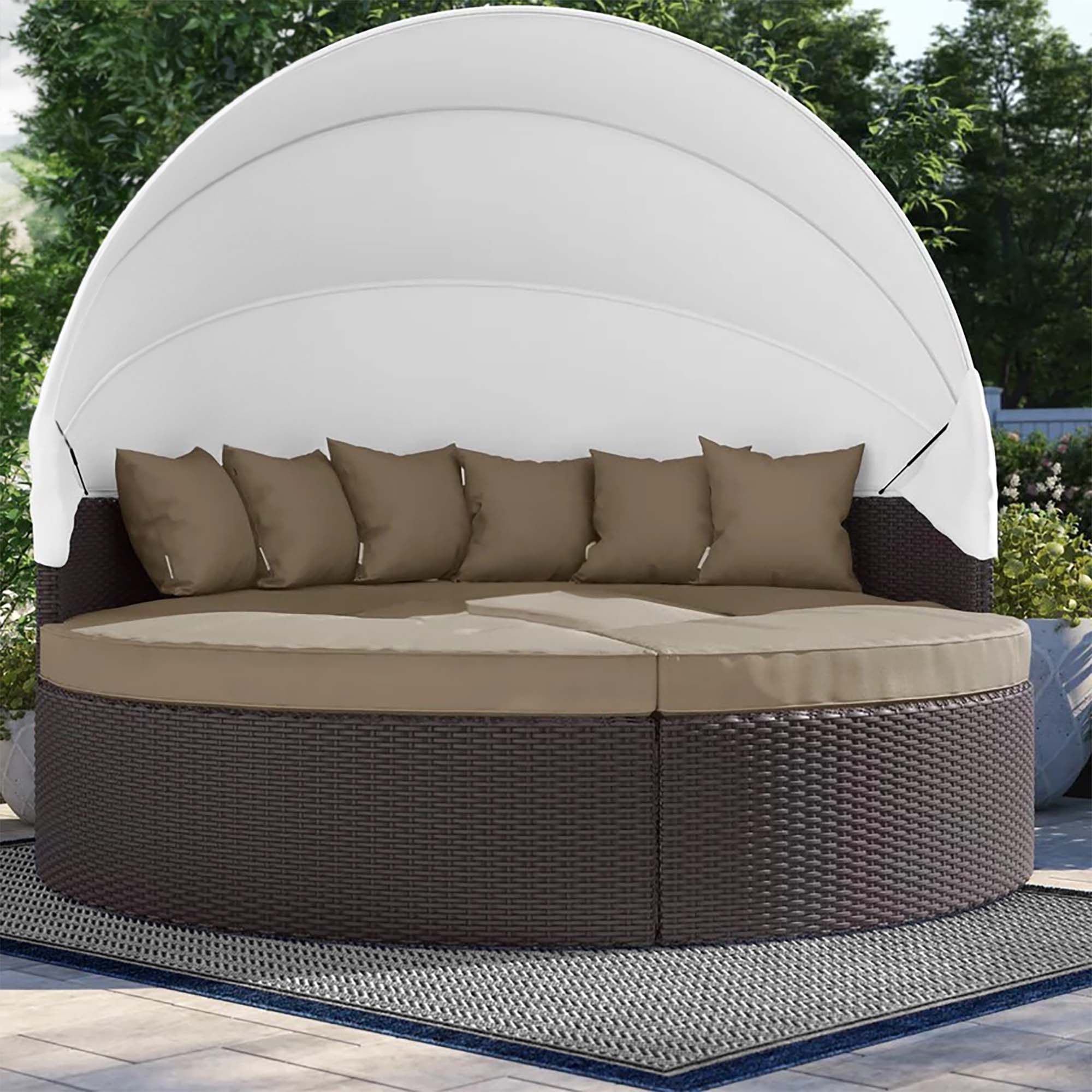 Convene Outdoor Patio Wicker Rattan Canopy Sectional Daybed, Espresso Mocha