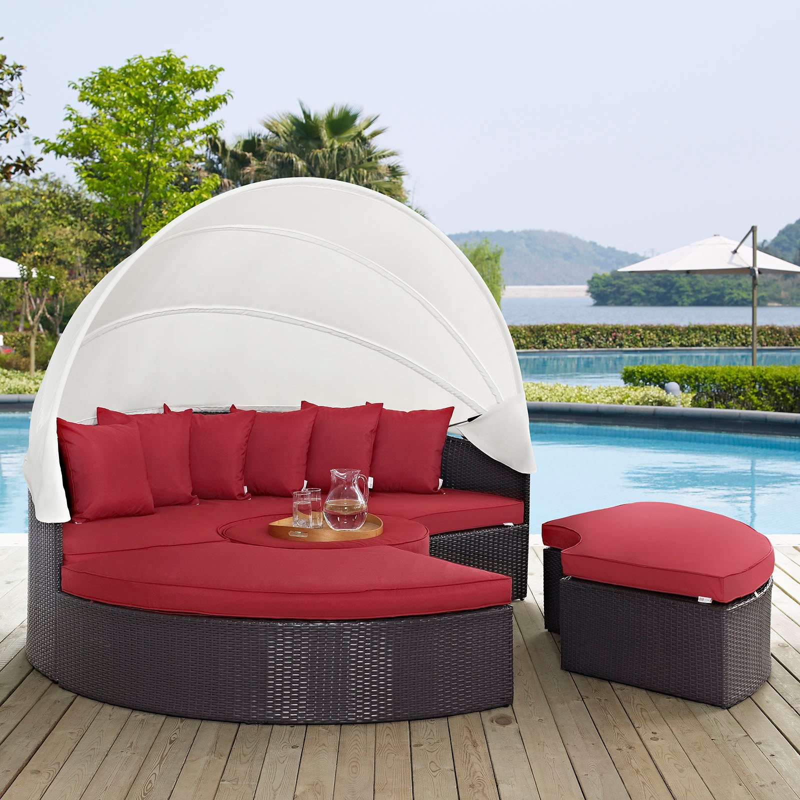 Convene Espresso Red Outdoor Patio Wicker Rattan Canopy Sectional Daybed