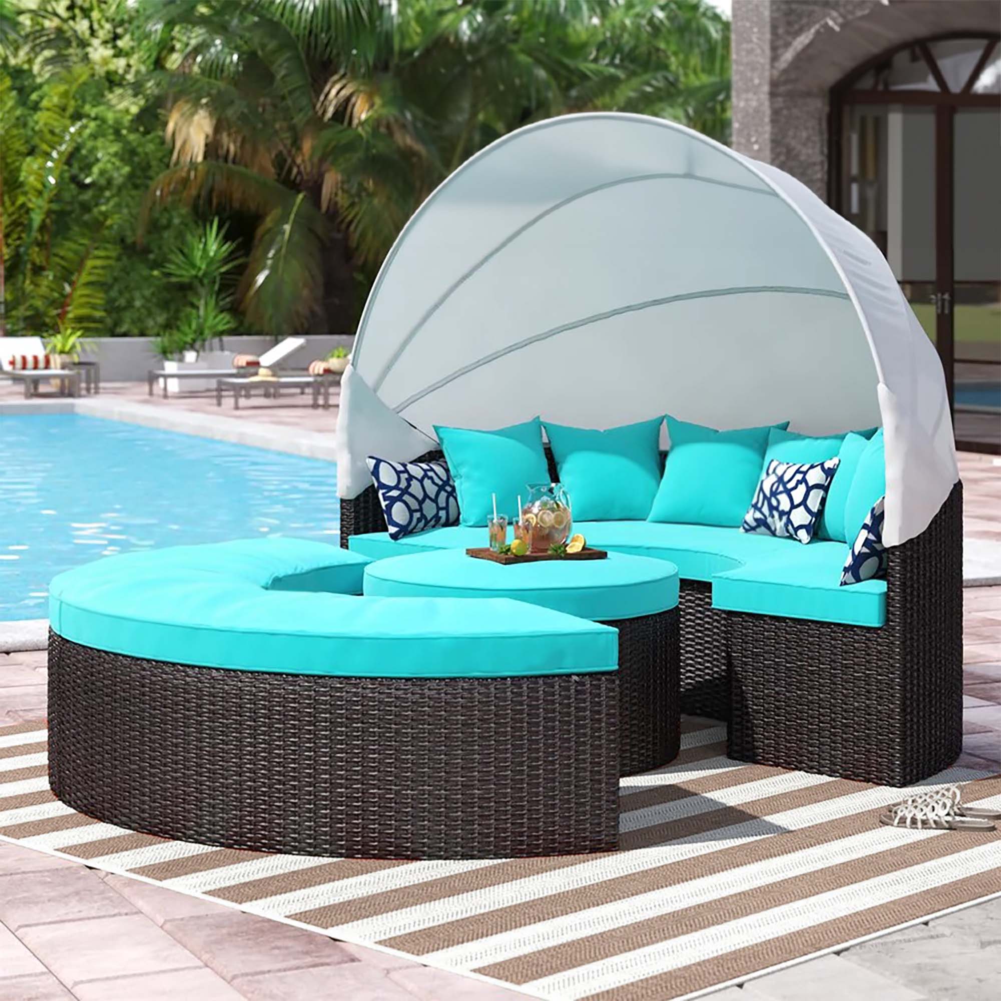 Convene Outdoor Patio Wicker Rattan Canopy Sectional Daybed, Espresso Turquoise