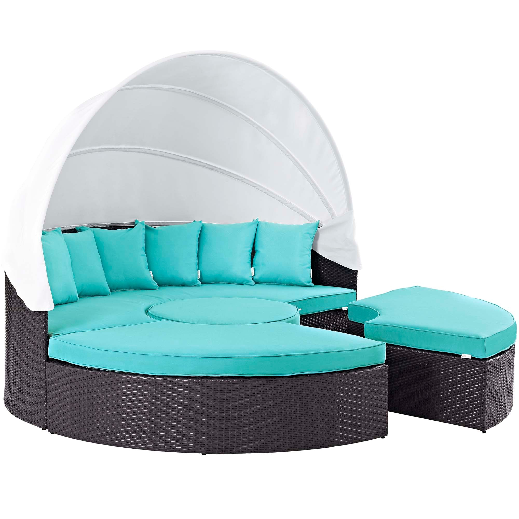 Convene Outdoor Patio Wicker Rattan Canopy Sectional Daybed, Espresso Turquoise
