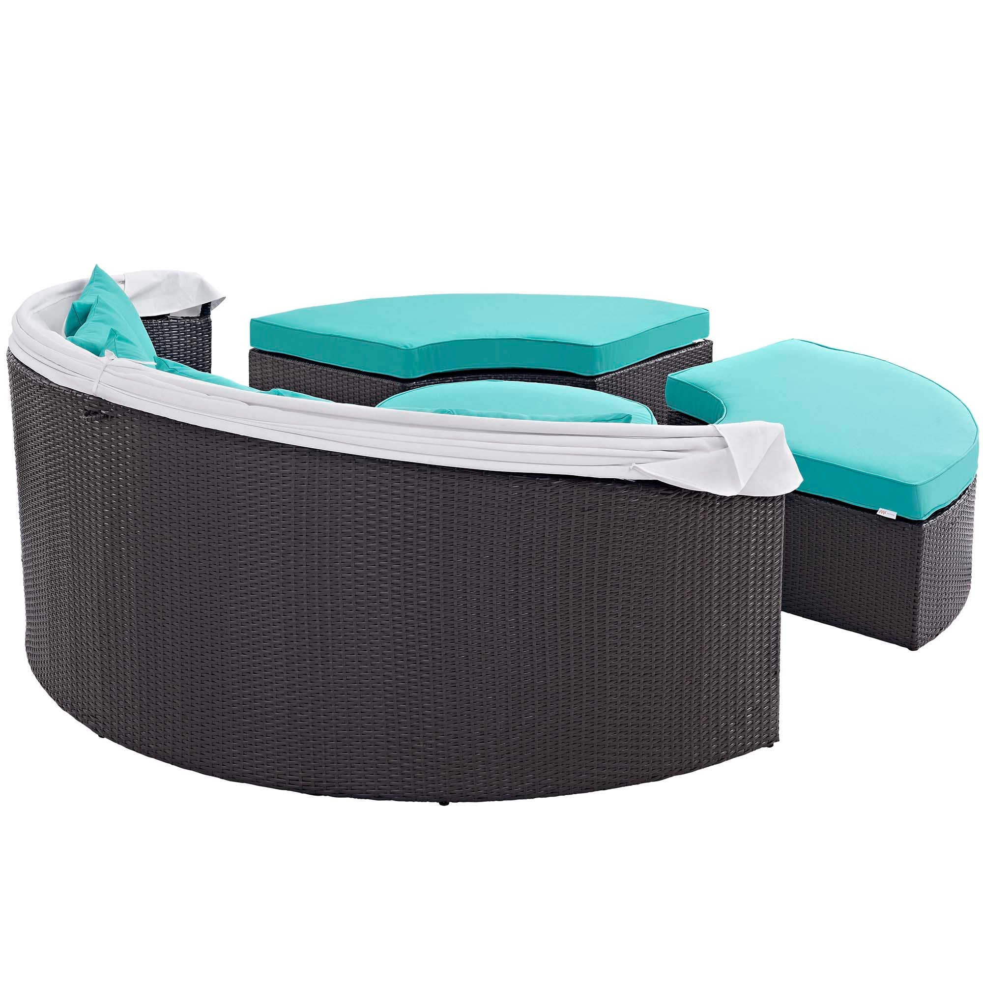 Convene Outdoor Patio Wicker Rattan Canopy Sectional Daybed, Espresso Turquoise