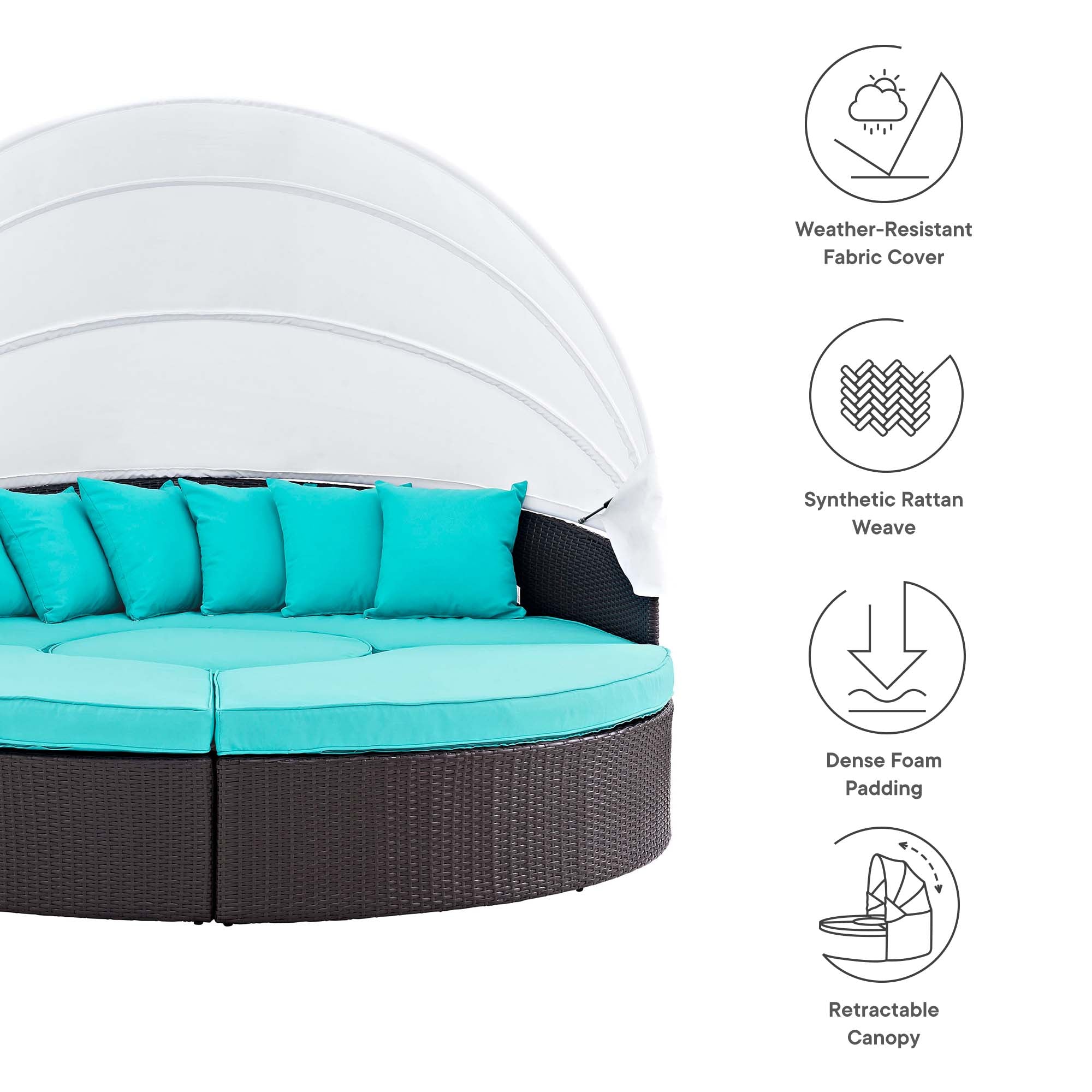 Convene Outdoor Patio Wicker Rattan Canopy Sectional Daybed, Espresso Turquoise