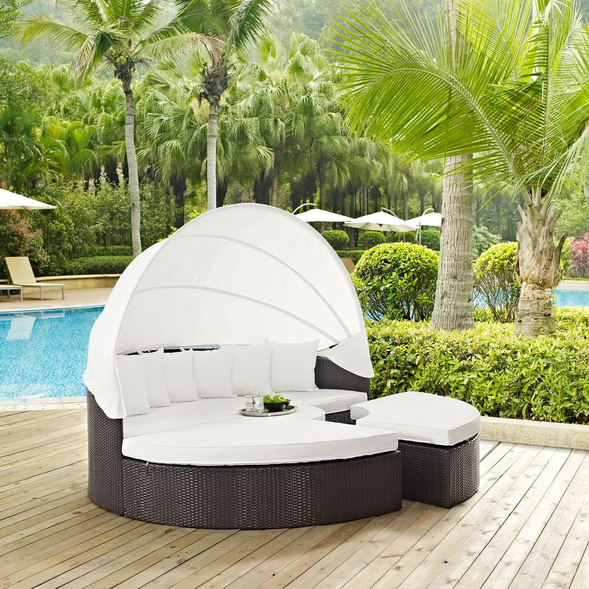 Convene Outdoor Patio Wicker Rattan Canopy Sectional Daybed, Espresso White