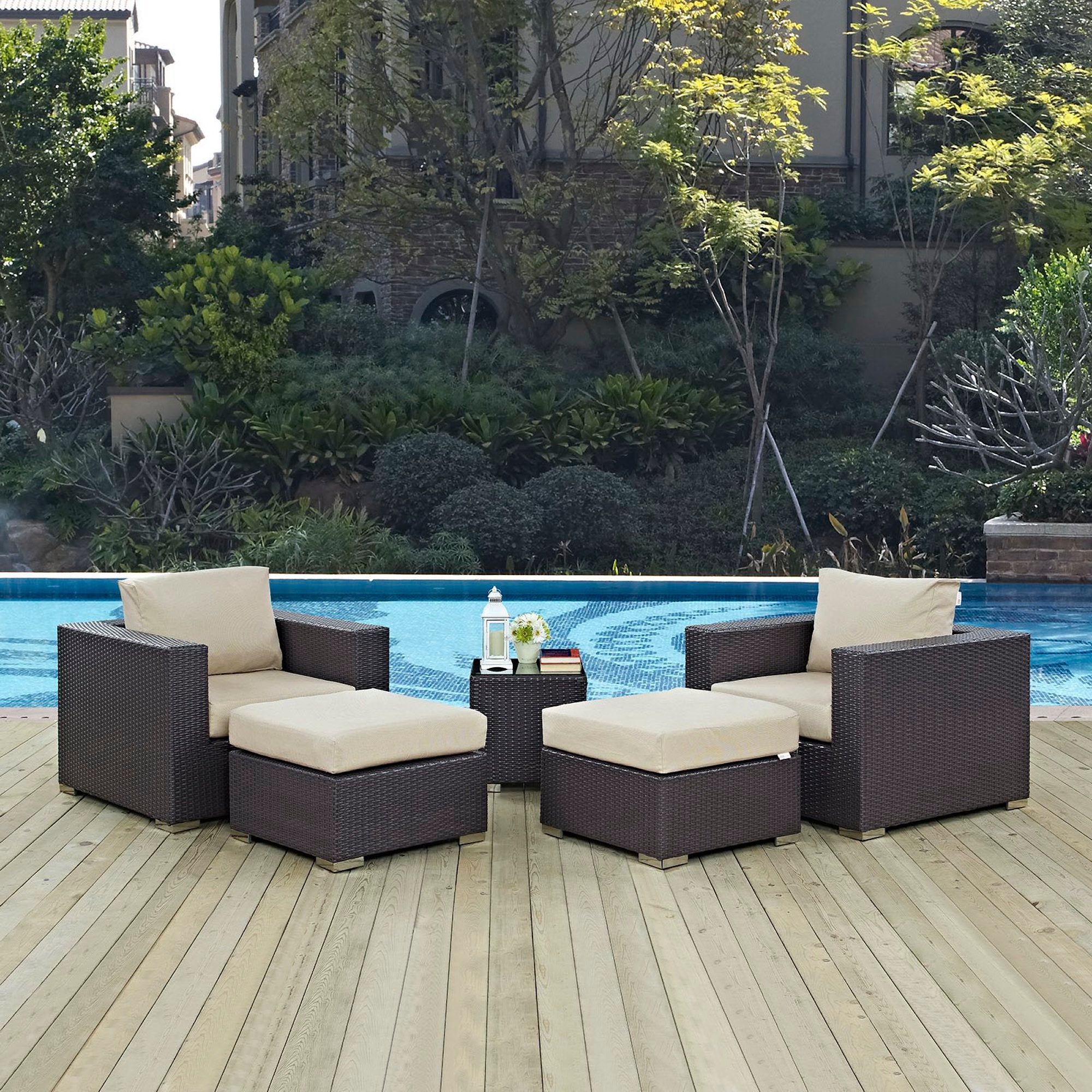 Convene 5 Piece Outdoor Patio Sectional Set, Espresso Beige