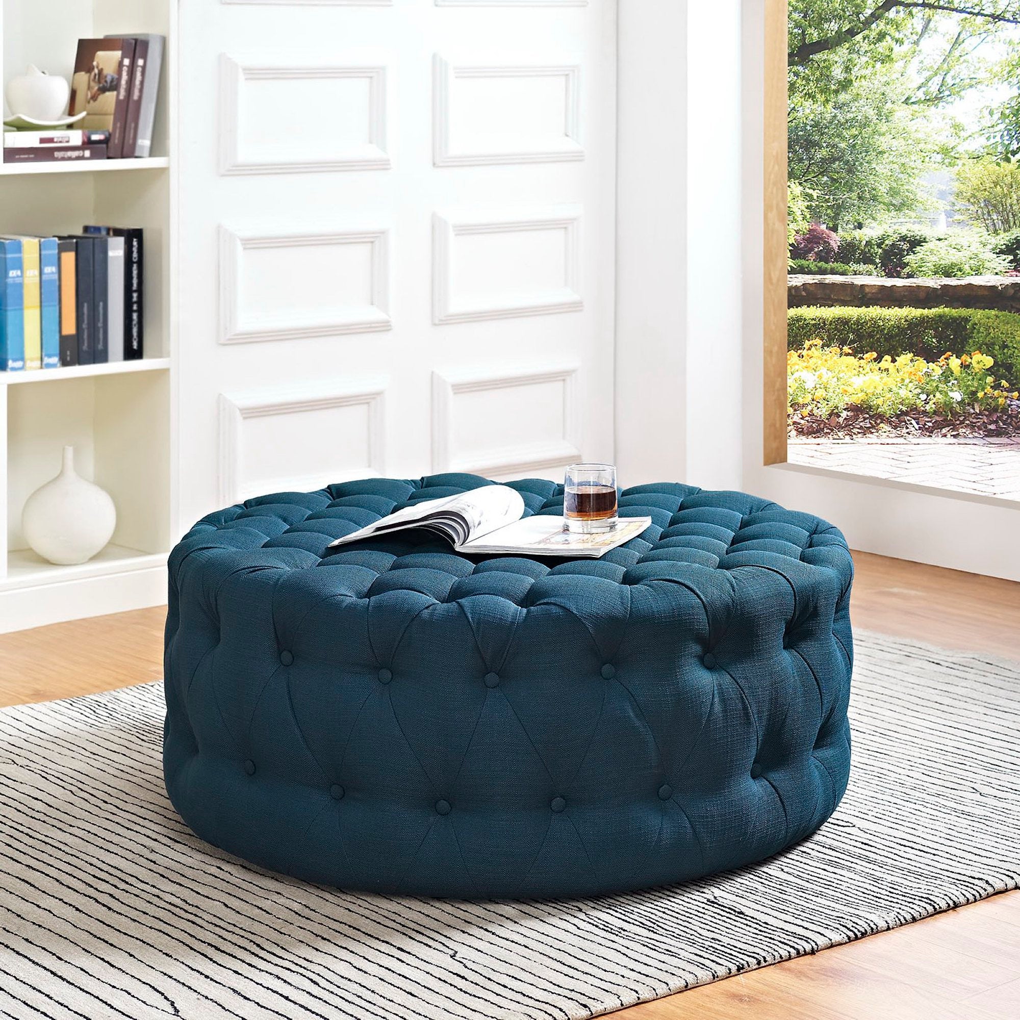 Amour Upholstered Fabric Ottoman, Azure