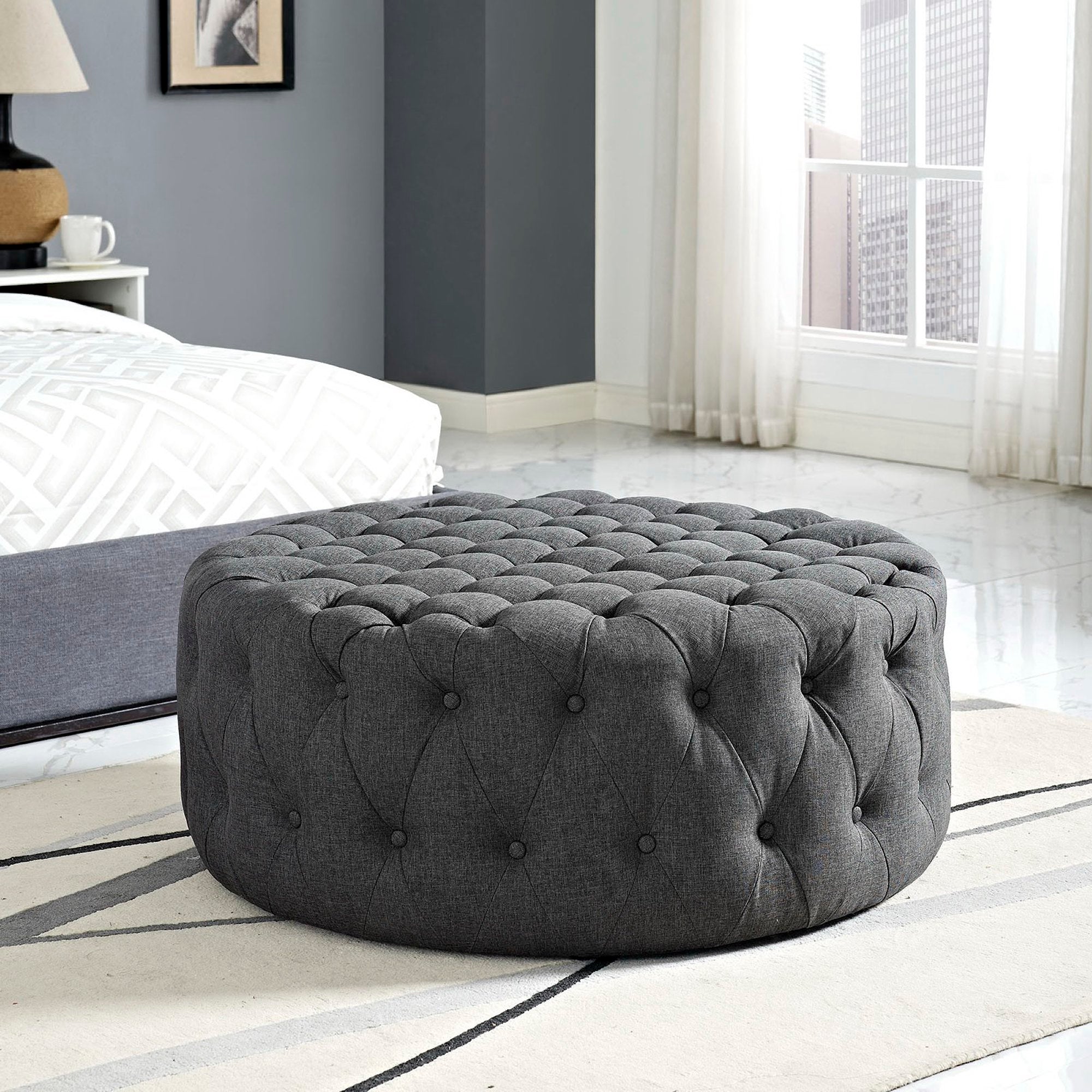 Amour Upholstered Fabric Ottoman, Gray