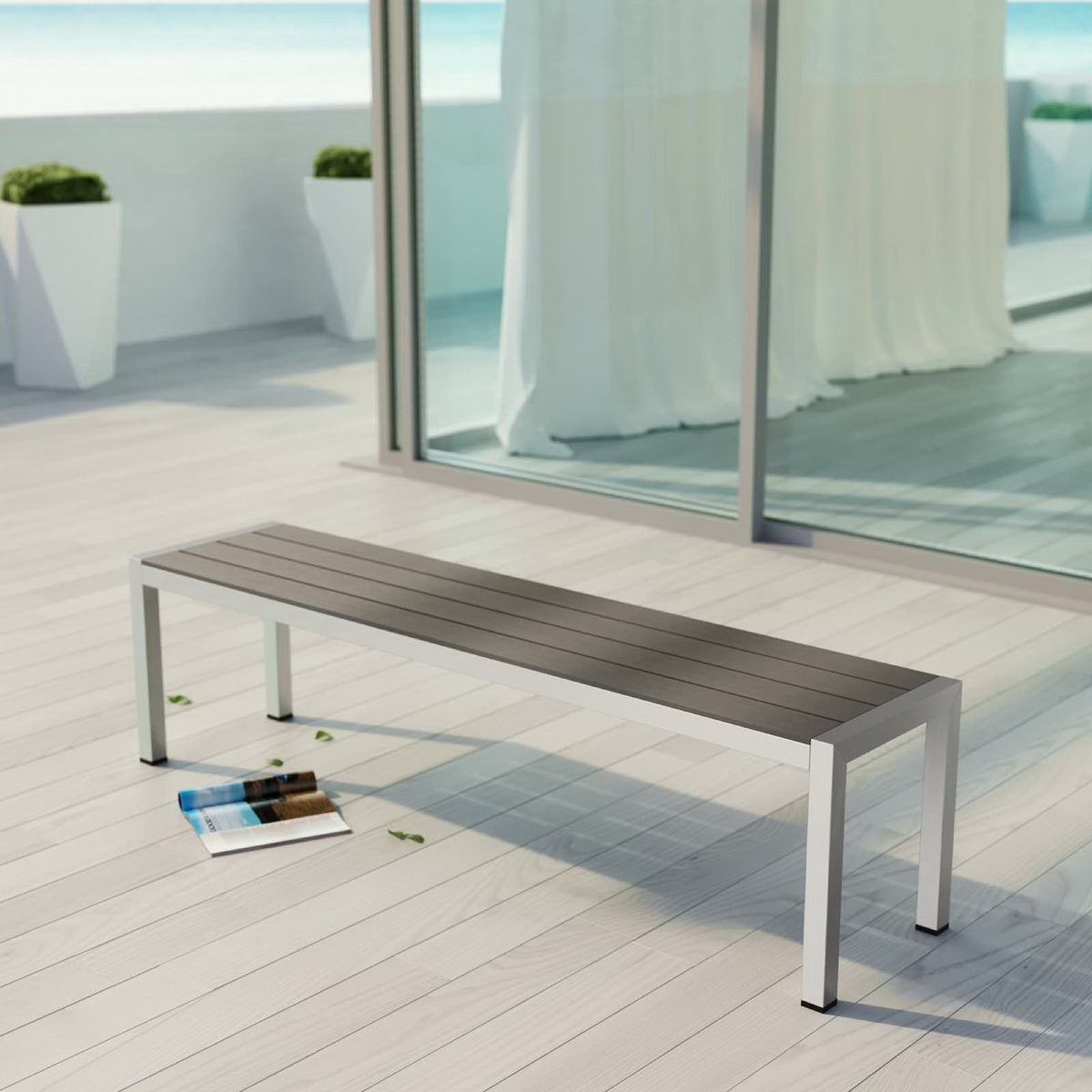 Shore Outdoor Patio Aluminum Bench, Silver Gray