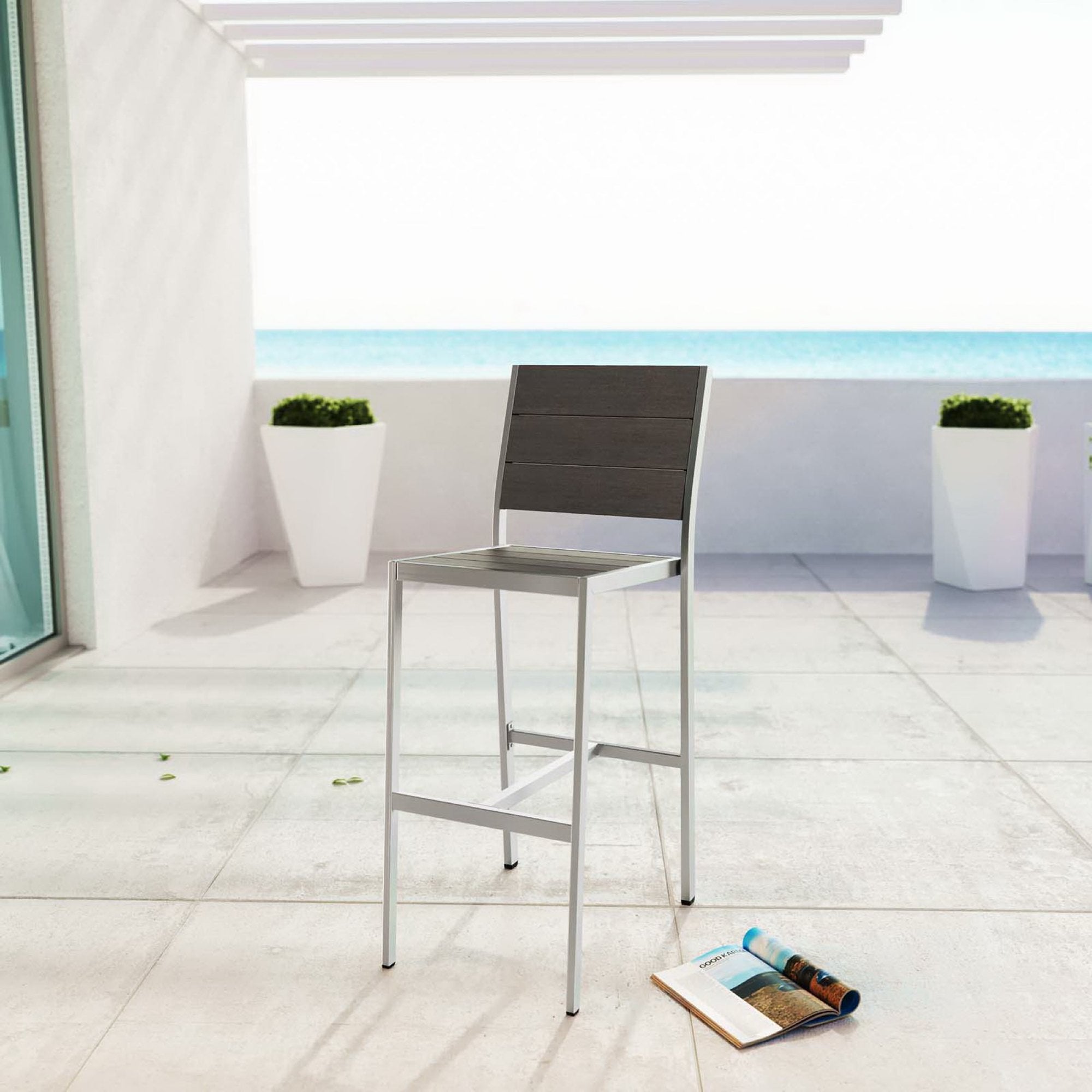 Shore Outdoor Patio Aluminum Armless Bar Stool, Silver Gray