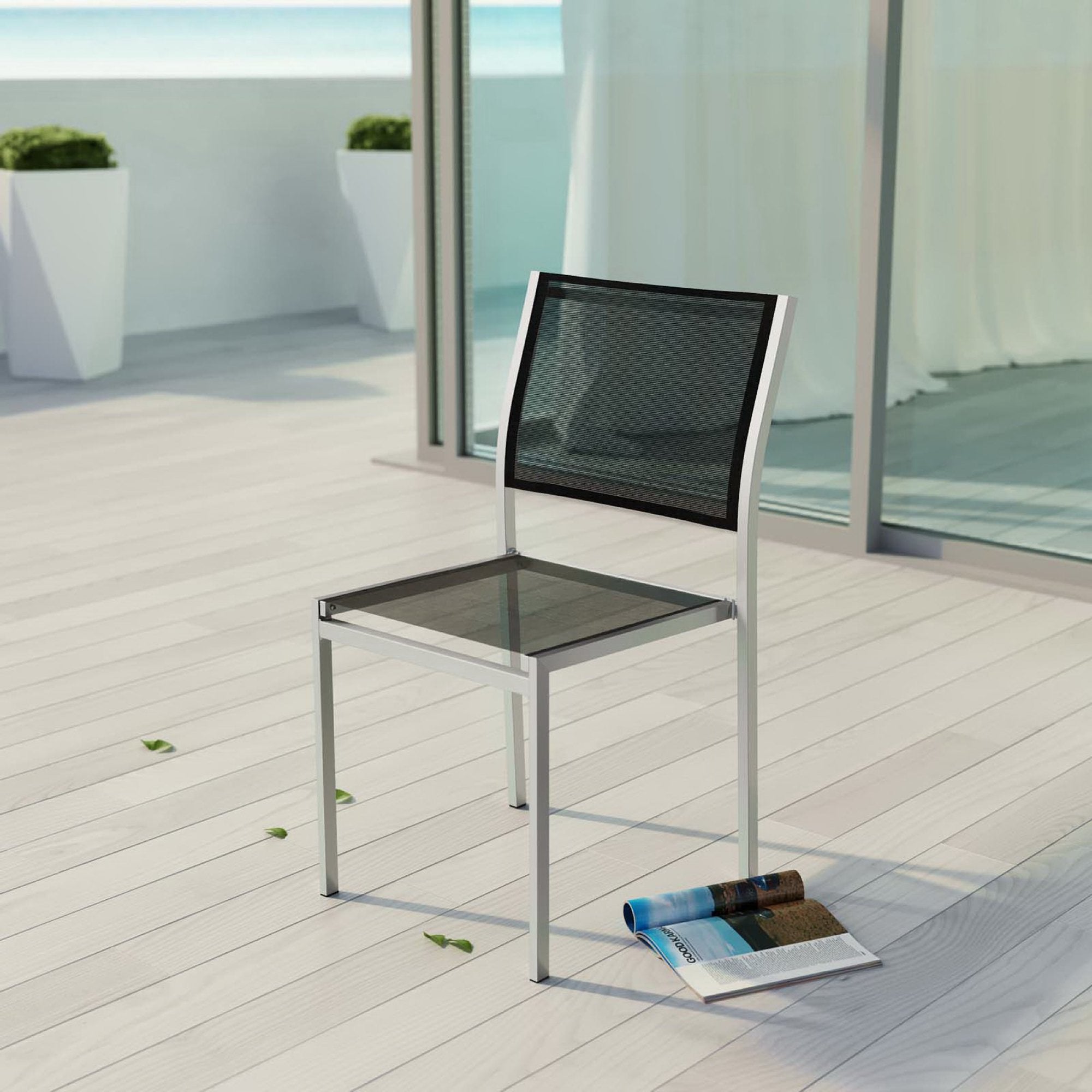 Shore Outdoor Patio Aluminum Side Chair, Silver Black