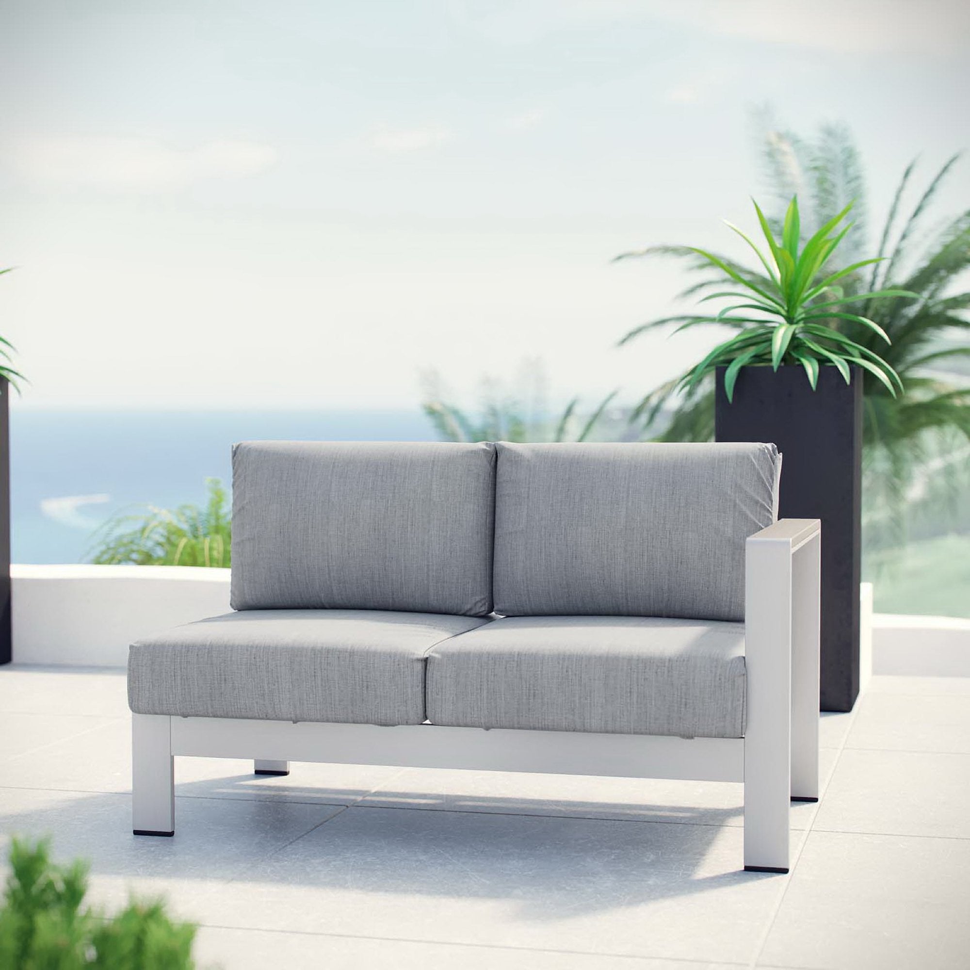 Shore Right-Arm Corner Sectional Outdoor Patio Aluminum Loveseat, Silver Gray