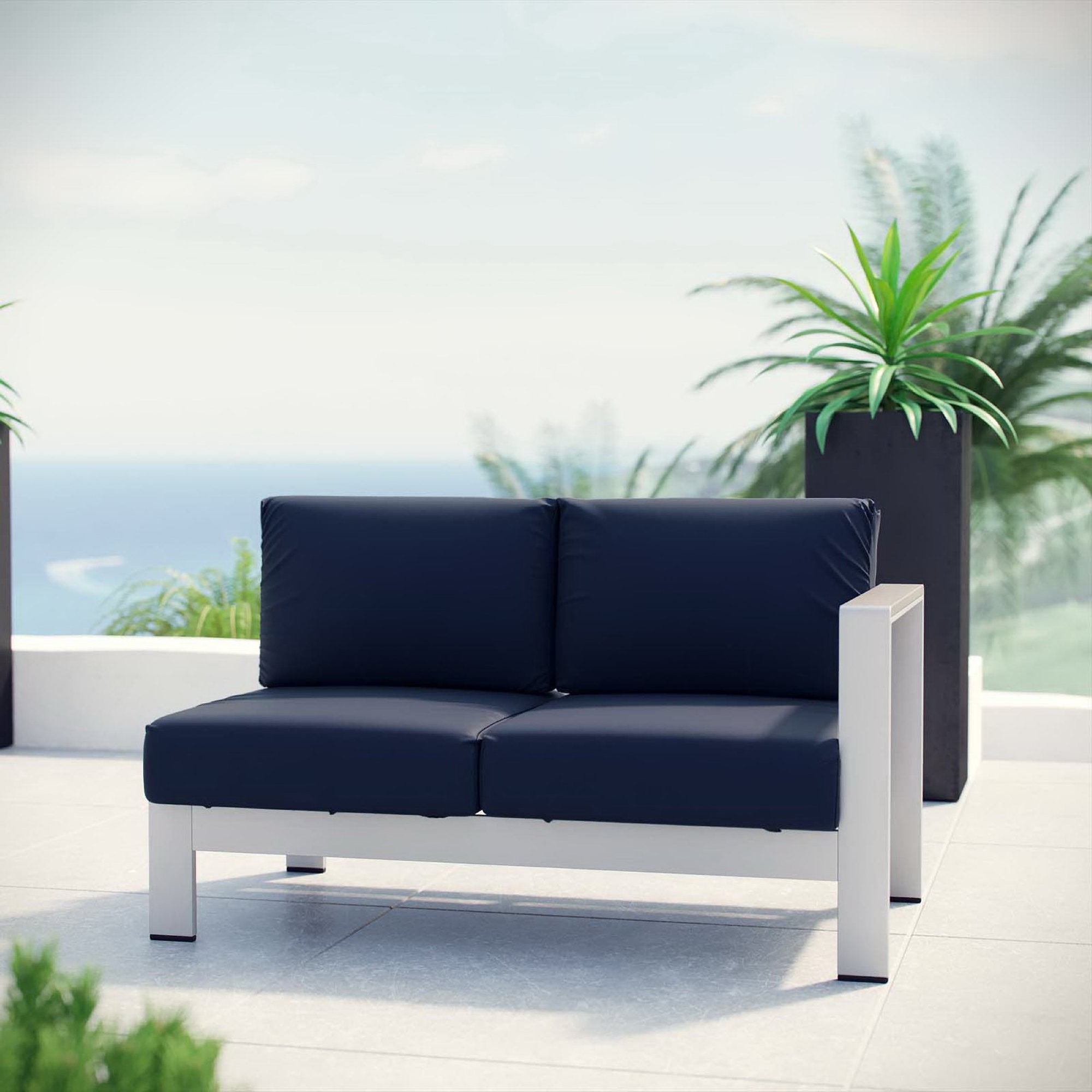 Shore Right-Arm Corner Sectional Outdoor Patio Aluminum Loveseat, Silver Navy