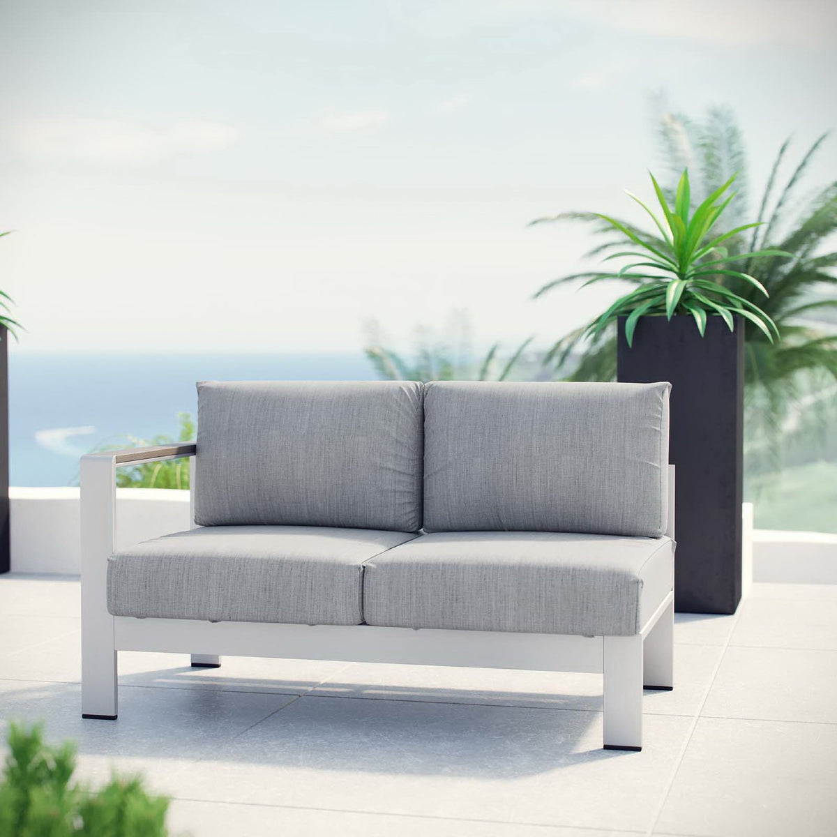 Shore Left-Arm Corner Sectional Outdoor Patio Aluminum Loveseat, Silver Gray