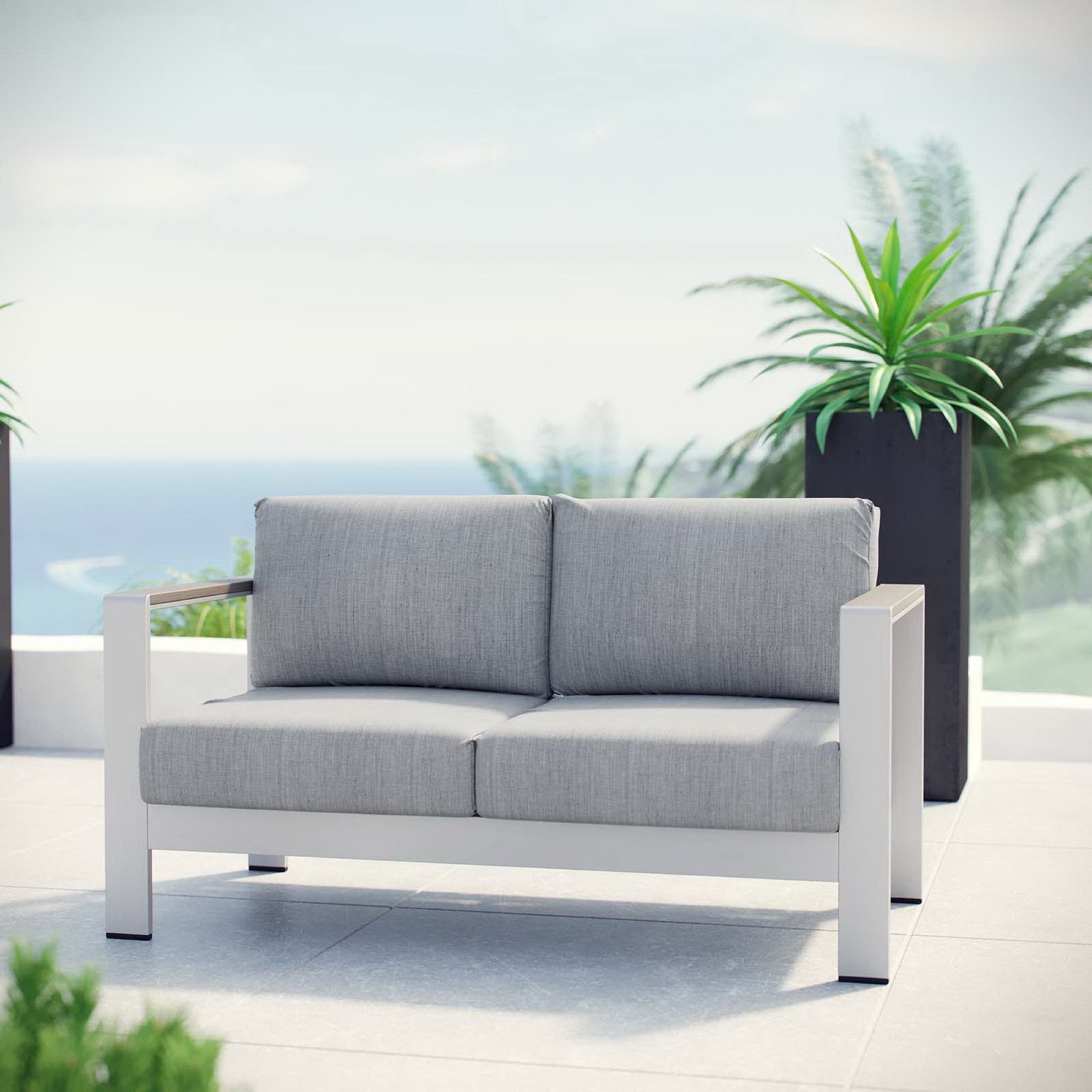 Shore Outdoor Patio Aluminum Loveseat, Silver Gray