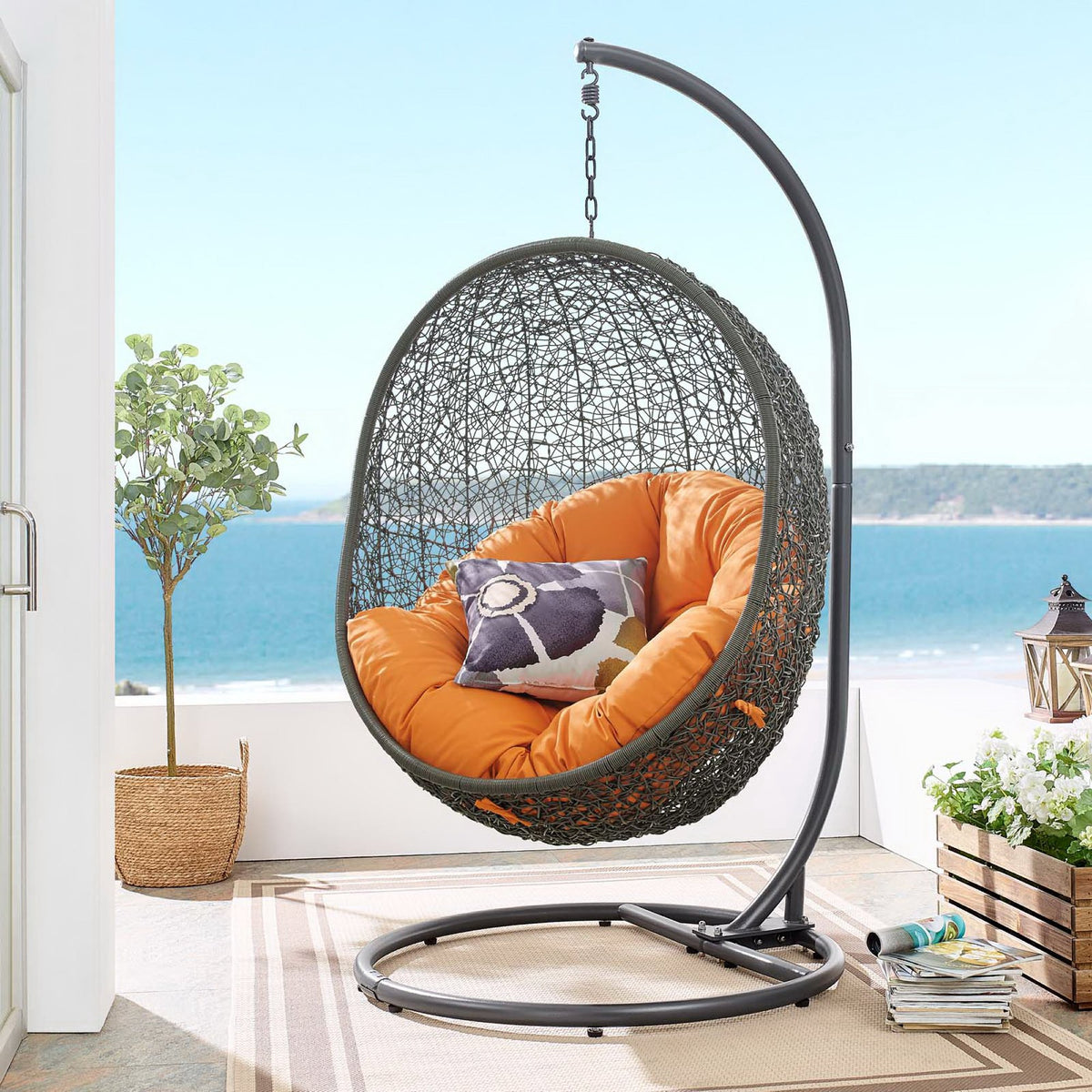 Hide Outdoor Patio Swing Chair With Stand, Gray Orange