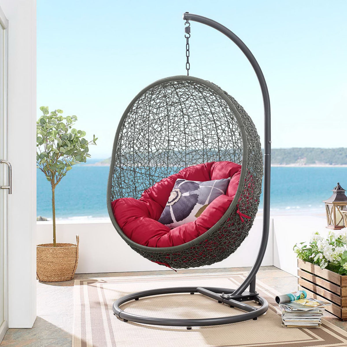 Hide Outdoor Patio Swing Chair With Stand, Gray Red