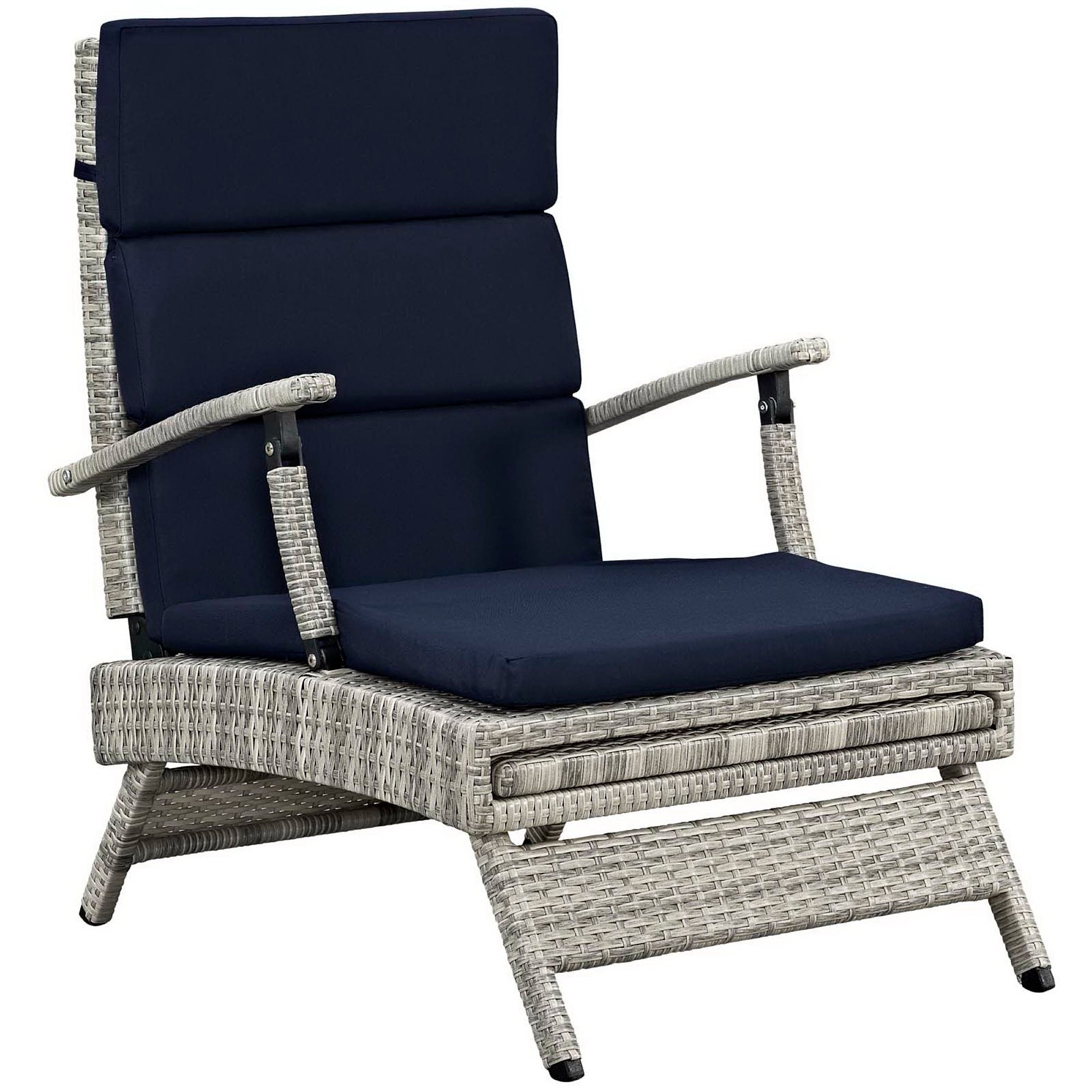 Envisage Chaise Outdoor Patio Wicker Rattan Lounge Chair, Light Gray Navy