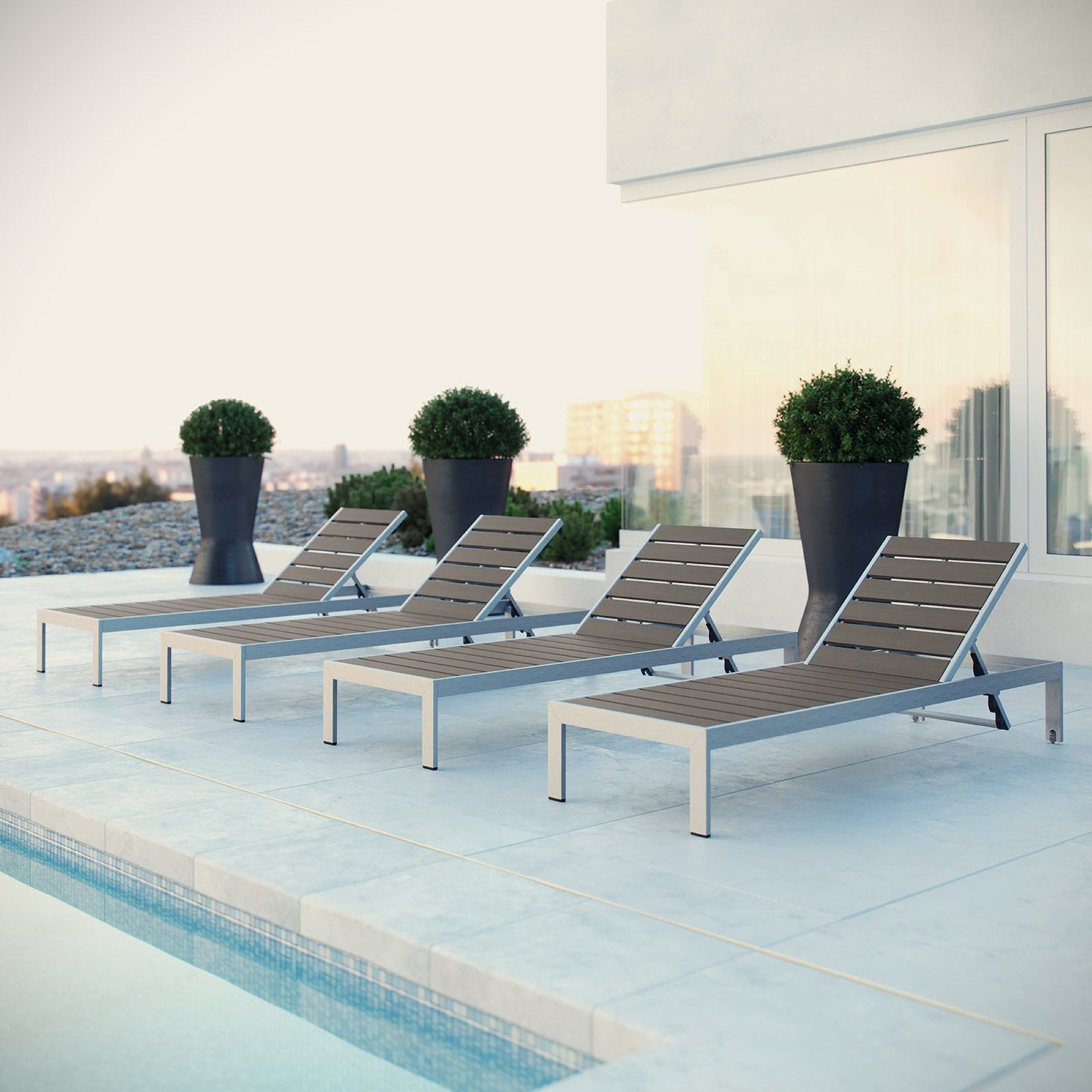 Shore Outdoor Patio Aluminum Chaise Set of 4, Silver Gray
