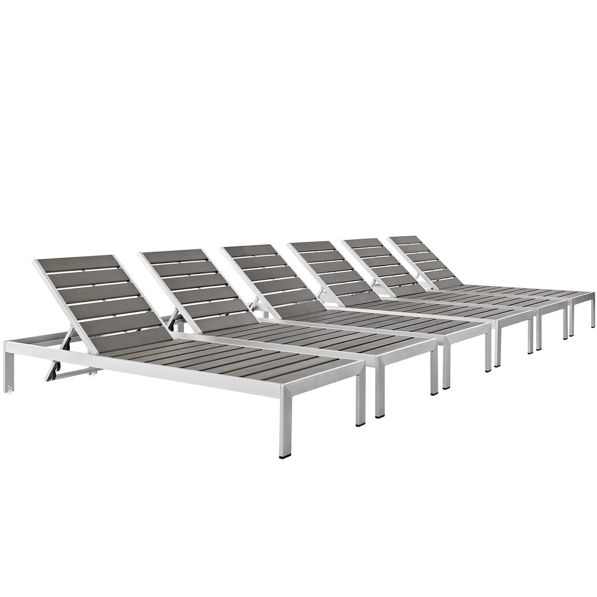 Shore Outdoor Patio Aluminum Chaise Set of 6, Silver Gray