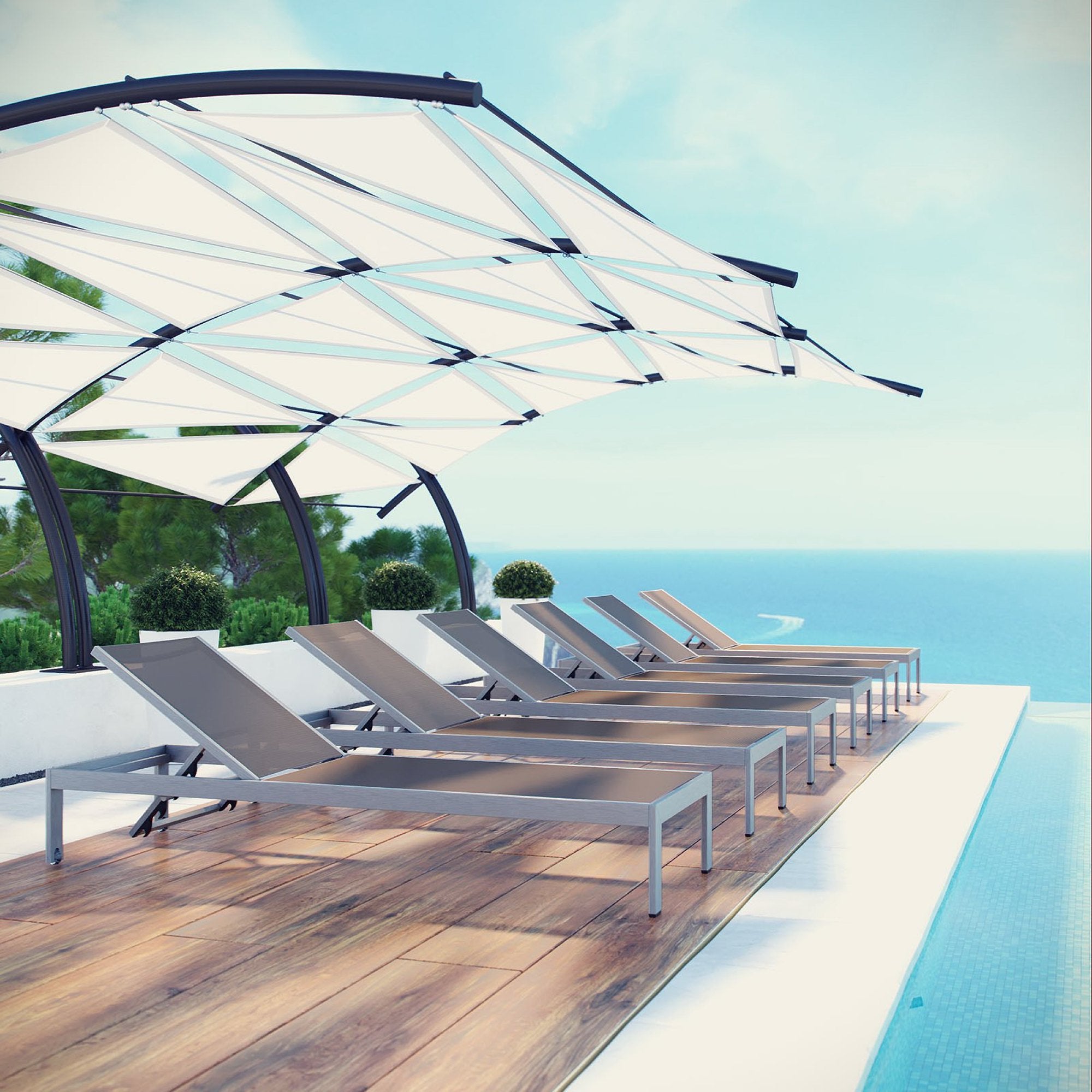 Shore Outdoor Patio Aluminum Chaise Set of 6, Silver Gray
