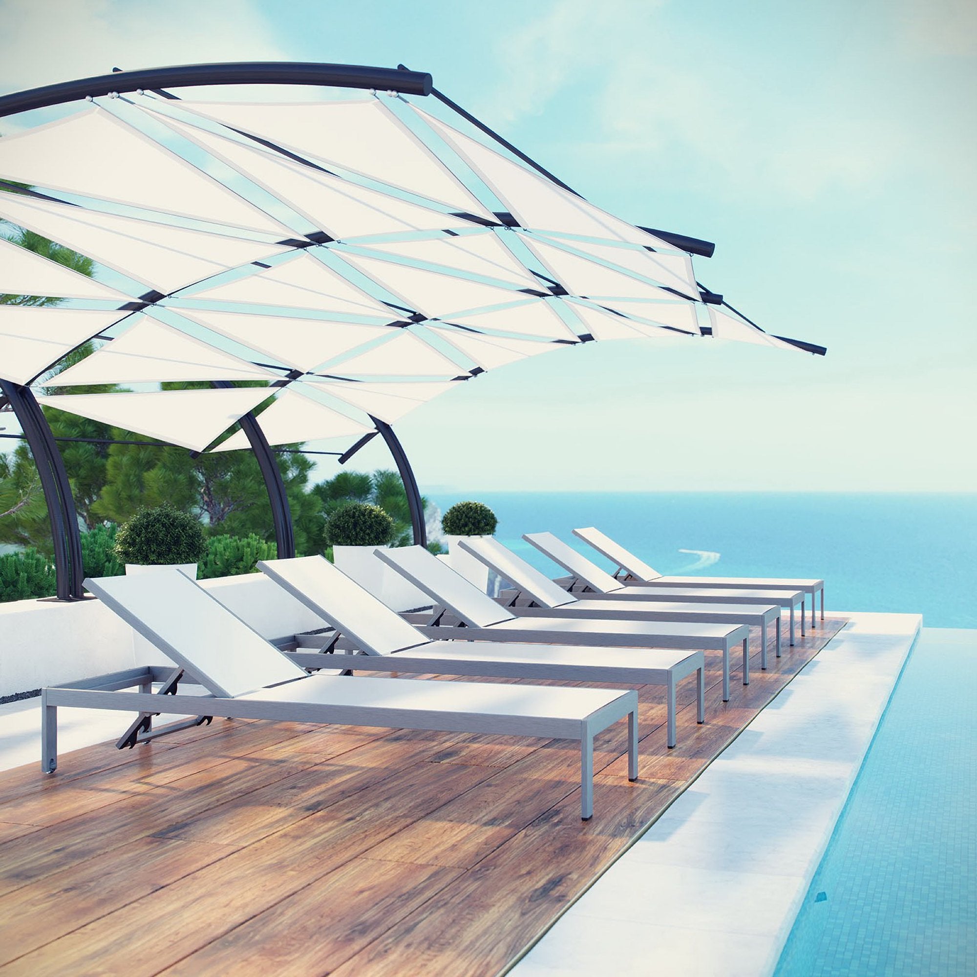Shore Outdoor Patio Aluminum Chaise Set of 6, Silver White