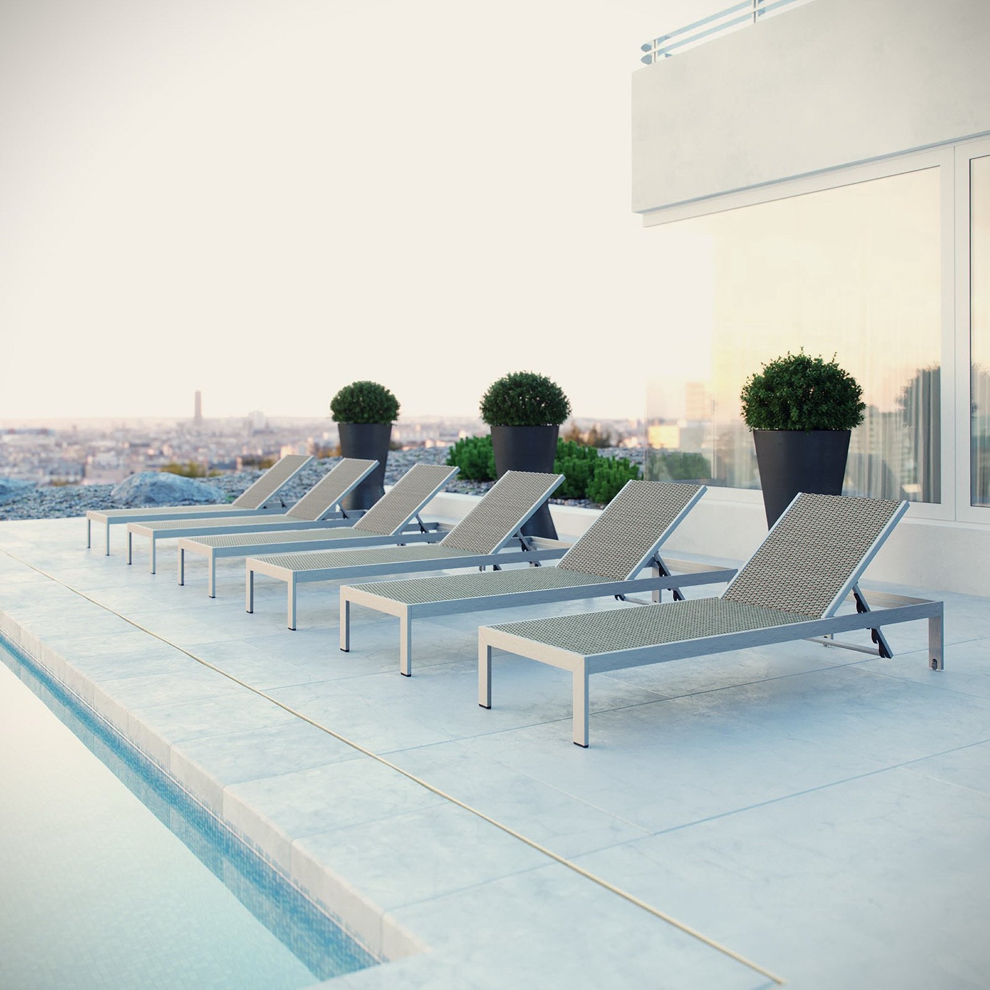 Shore Outdoor Patio Aluminum Chaise Set of 6, Silver Gray