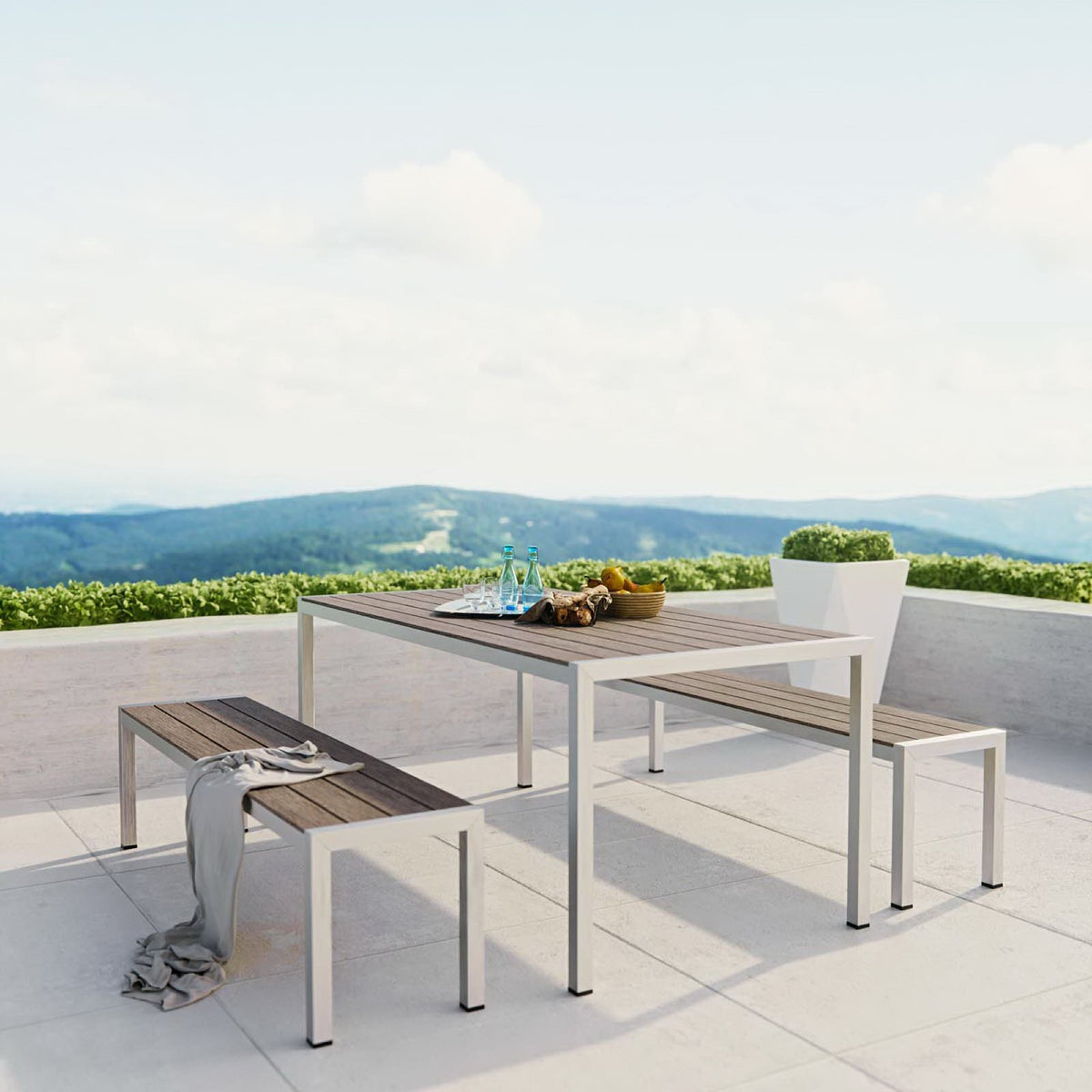 Shore 3 Piece Outdoor Patio Aluminum Dining Set, Silver Gray