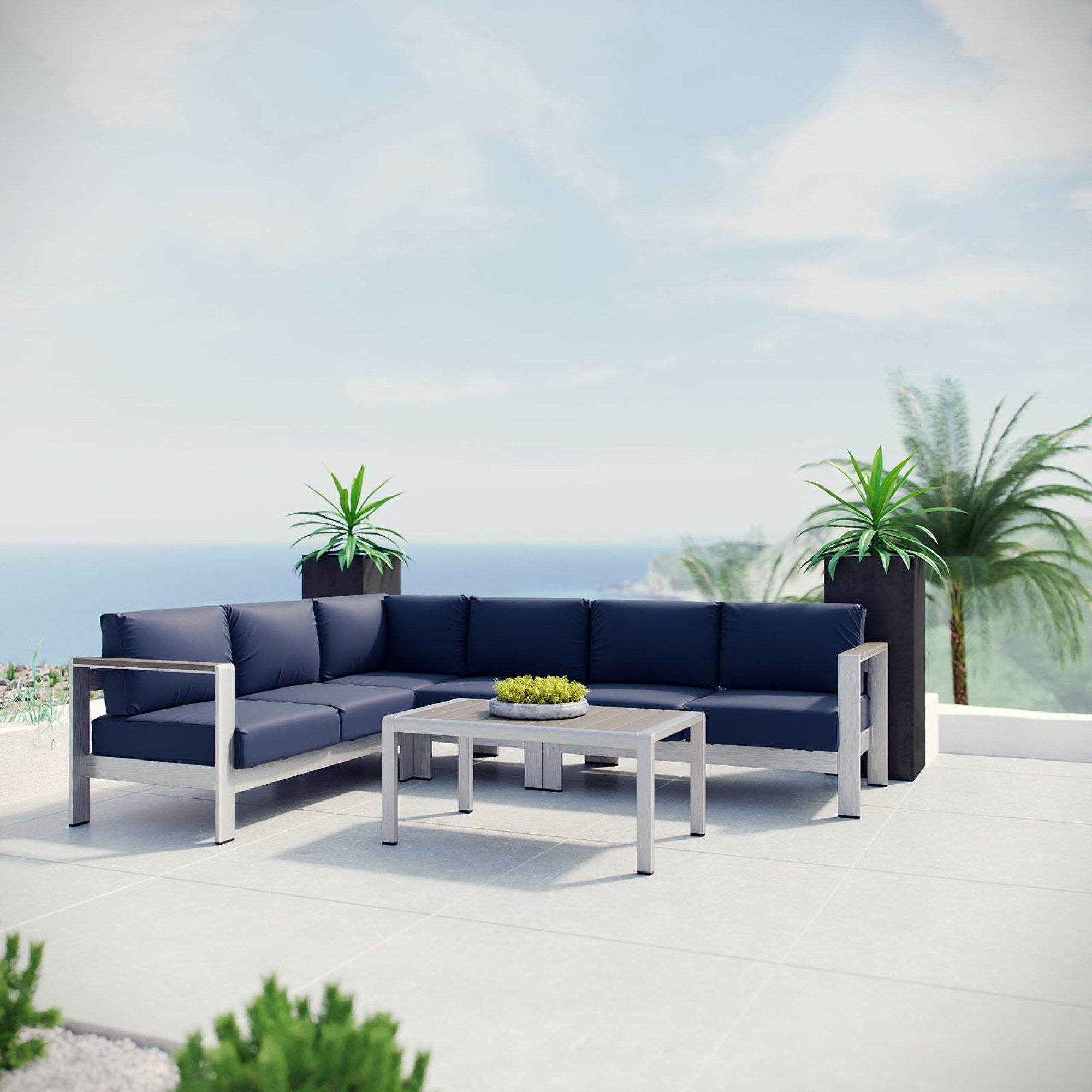 Shore 5 Piece Outdoor Patio Aluminum Sectional Sofa Set, Silver Navy