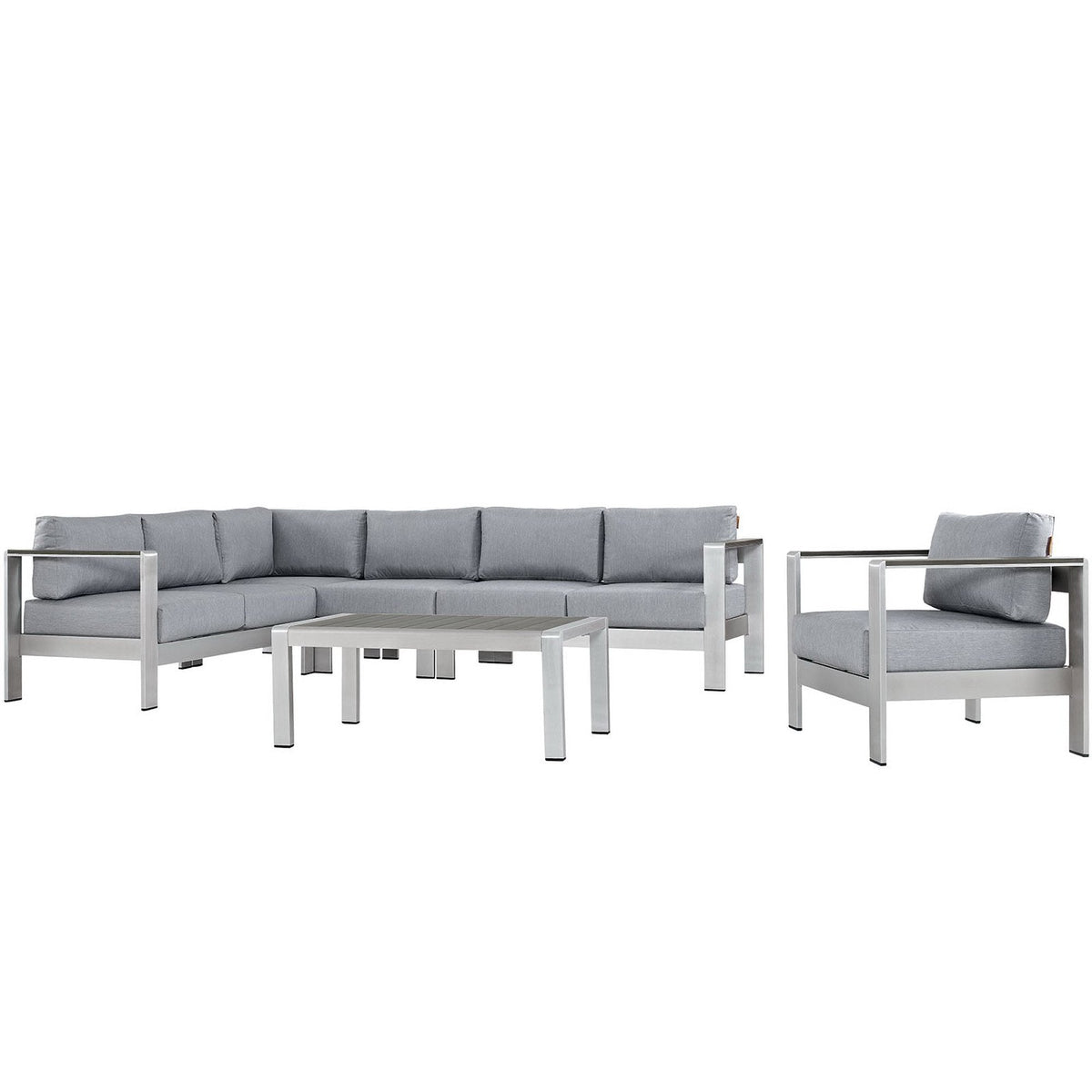 Shore 6 Piece Outdoor Patio Aluminum Sectional Sofa Set, Silver Gray - Model EEI-2558
