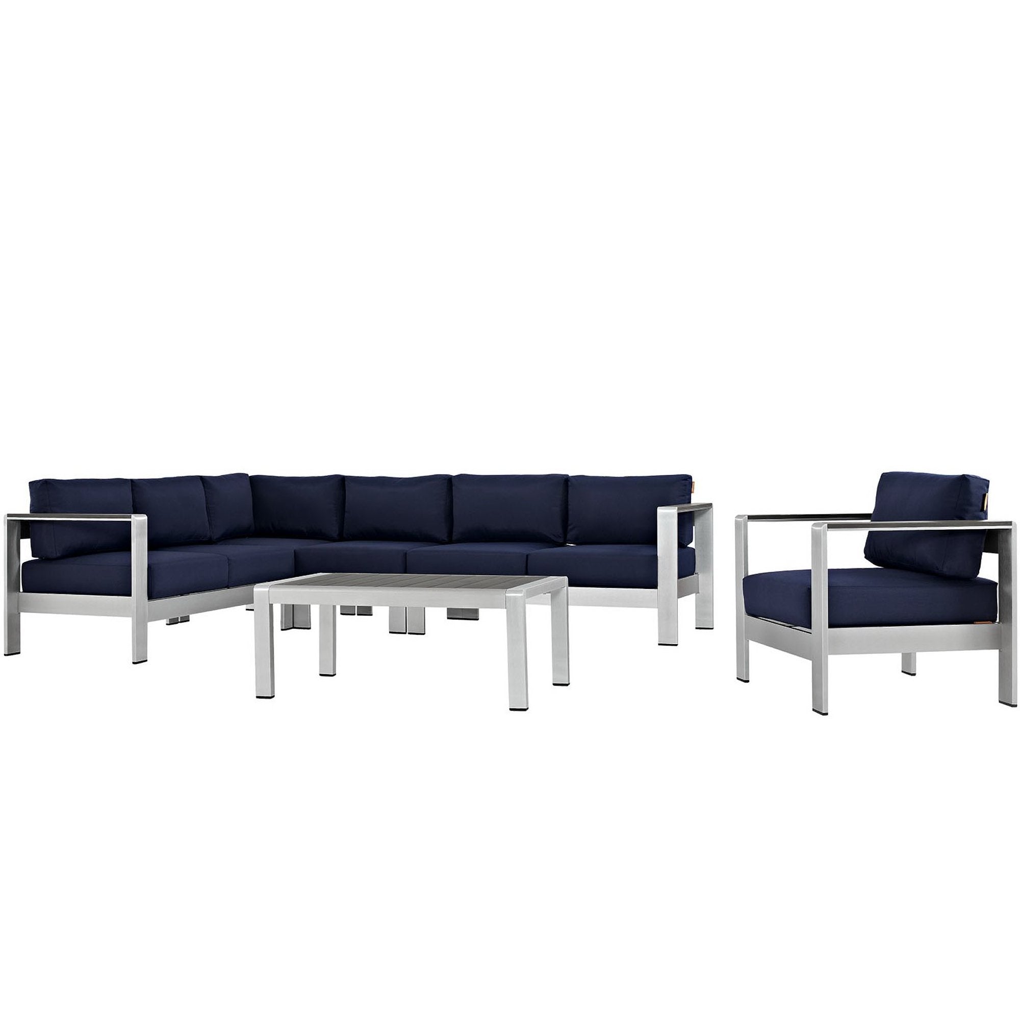 Shore 6 Piece Outdoor Patio Aluminum Sectional Sofa Set, Silver Navy