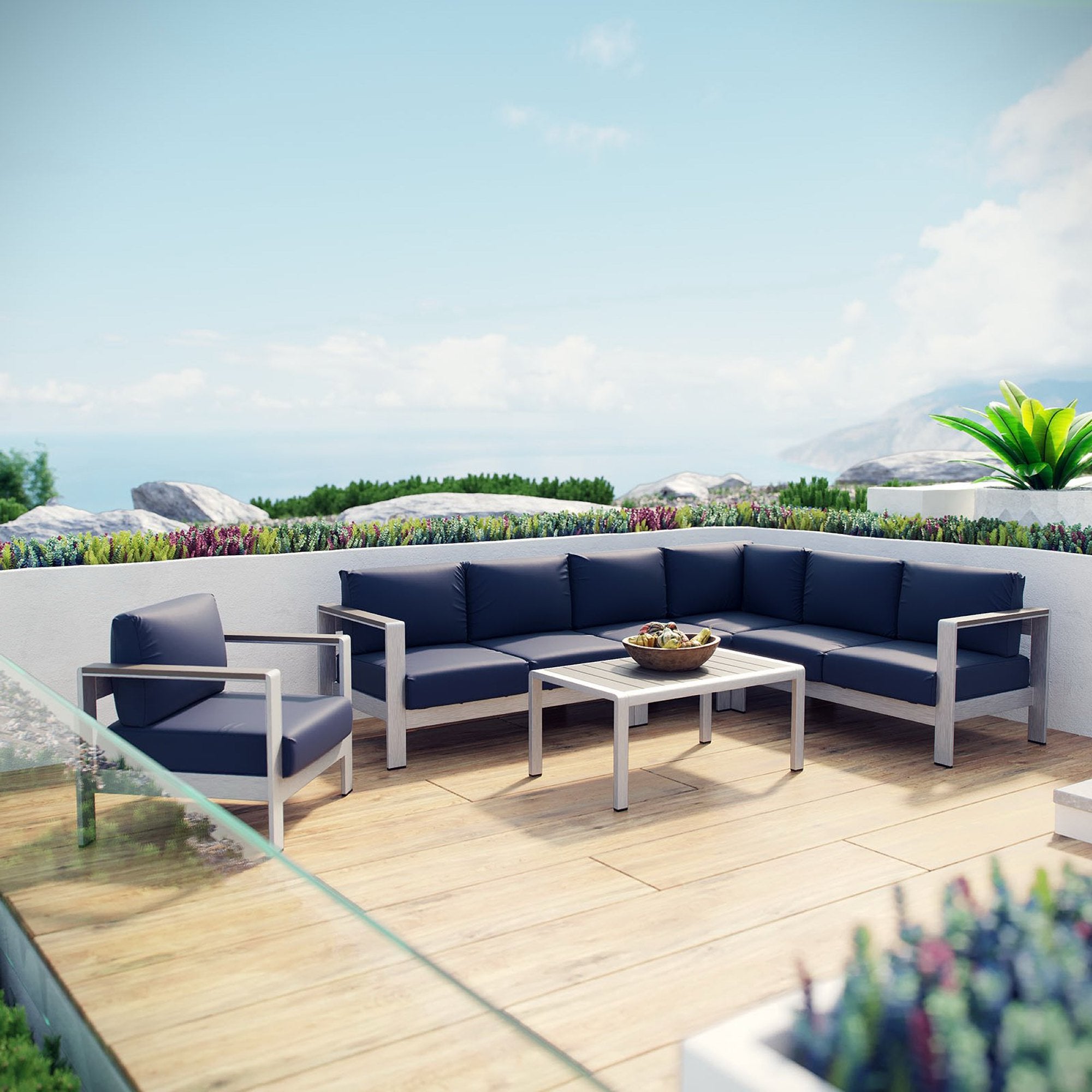 Shore 6 Piece Outdoor Patio Aluminum Sectional Sofa Set, Silver Navy
