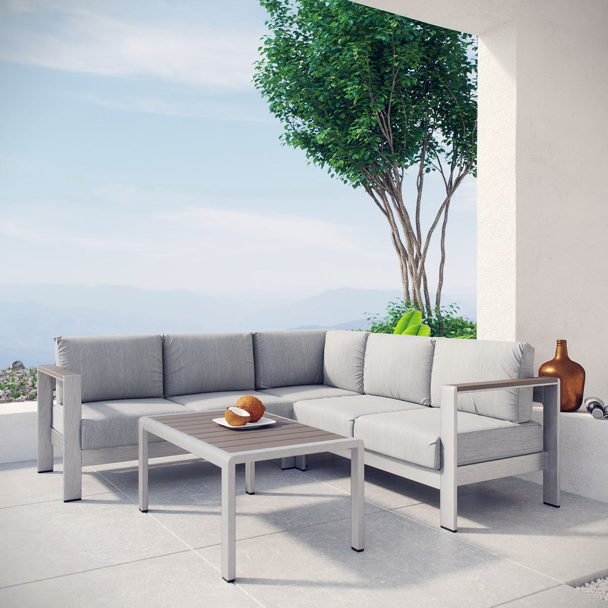 Shore 4 Piece Outdoor Patio Aluminum Sectional Sofa Set, Silver Gray - Model EEI-2559