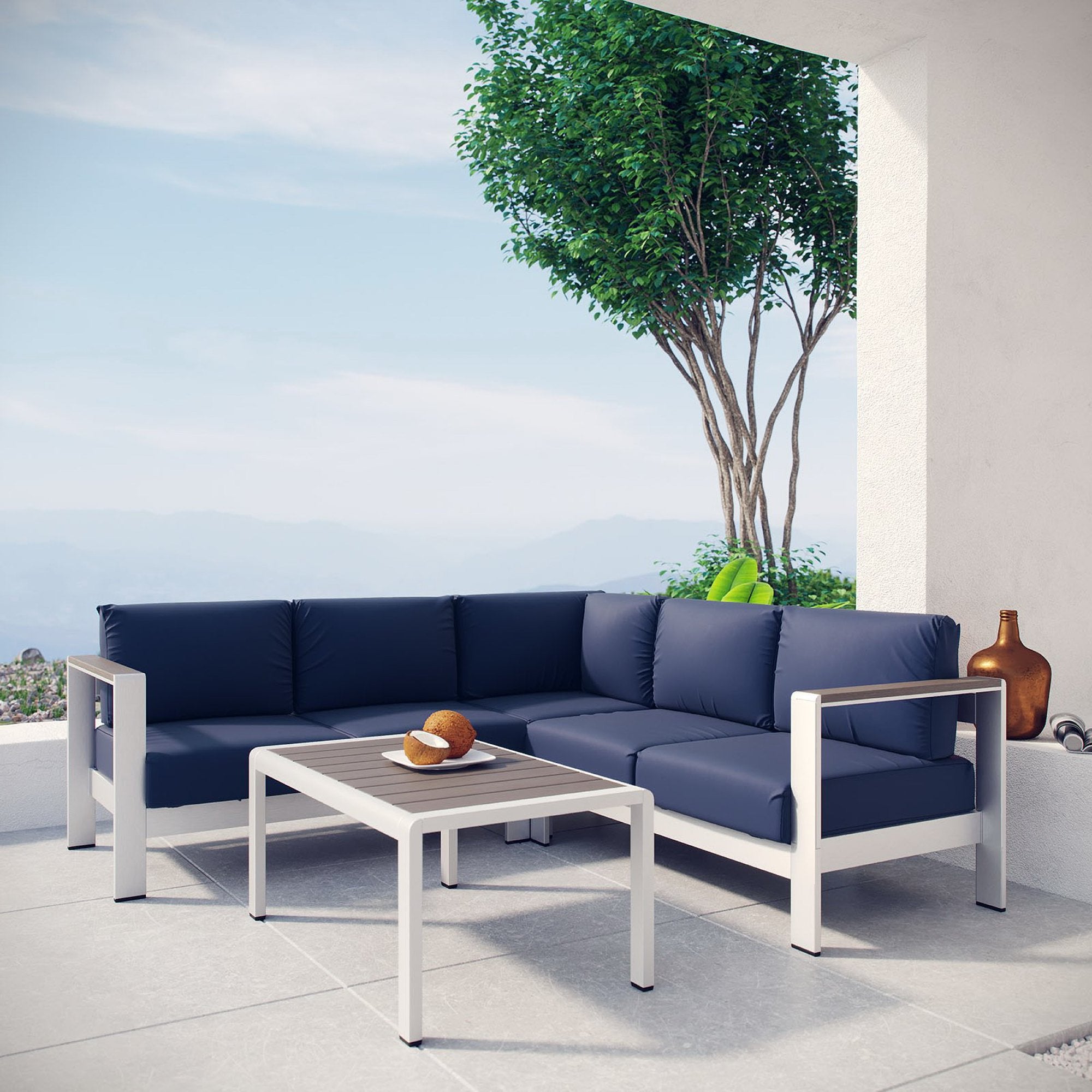 Shore 4 Piece Outdoor Patio Aluminum Sectional Sofa Set, Silver Navy