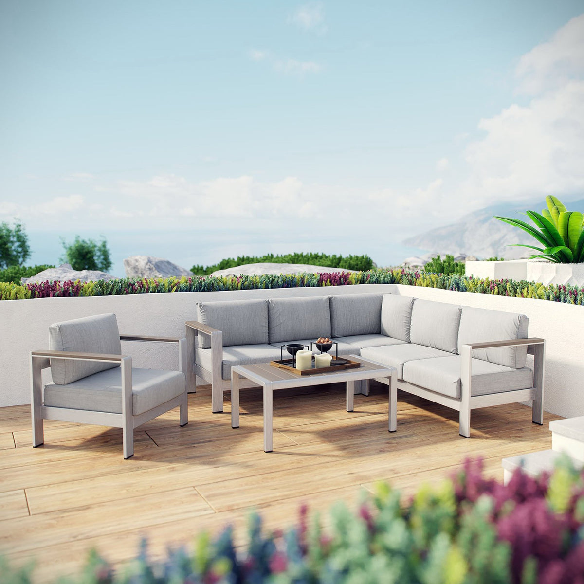 Shore 5 Piece Outdoor Patio Aluminum Sectional Sofa Set, Silver Gray - Model EEI-2560