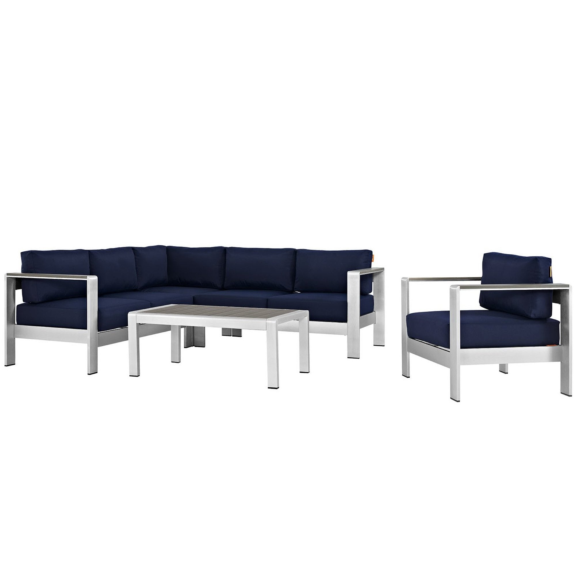 Shore 5 Piece Outdoor Patio Aluminum Sectional Sofa Set, Silver Navy