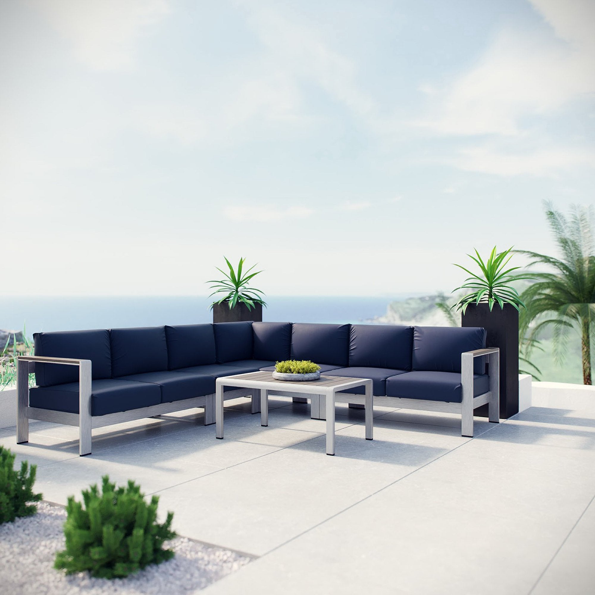 Shore 6 Piece Outdoor Patio Aluminum Sectional Sofa Set, Silver Navy
