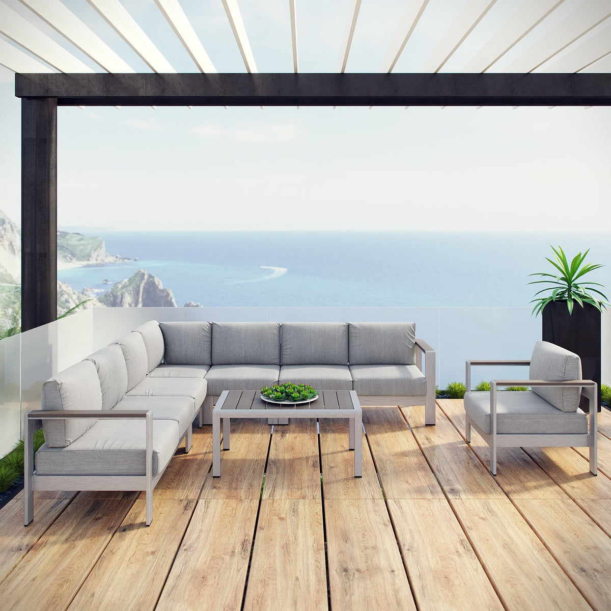 Shore 7 Piece Outdoor Patio Aluminum Sectional Sofa Set, Silver Gray