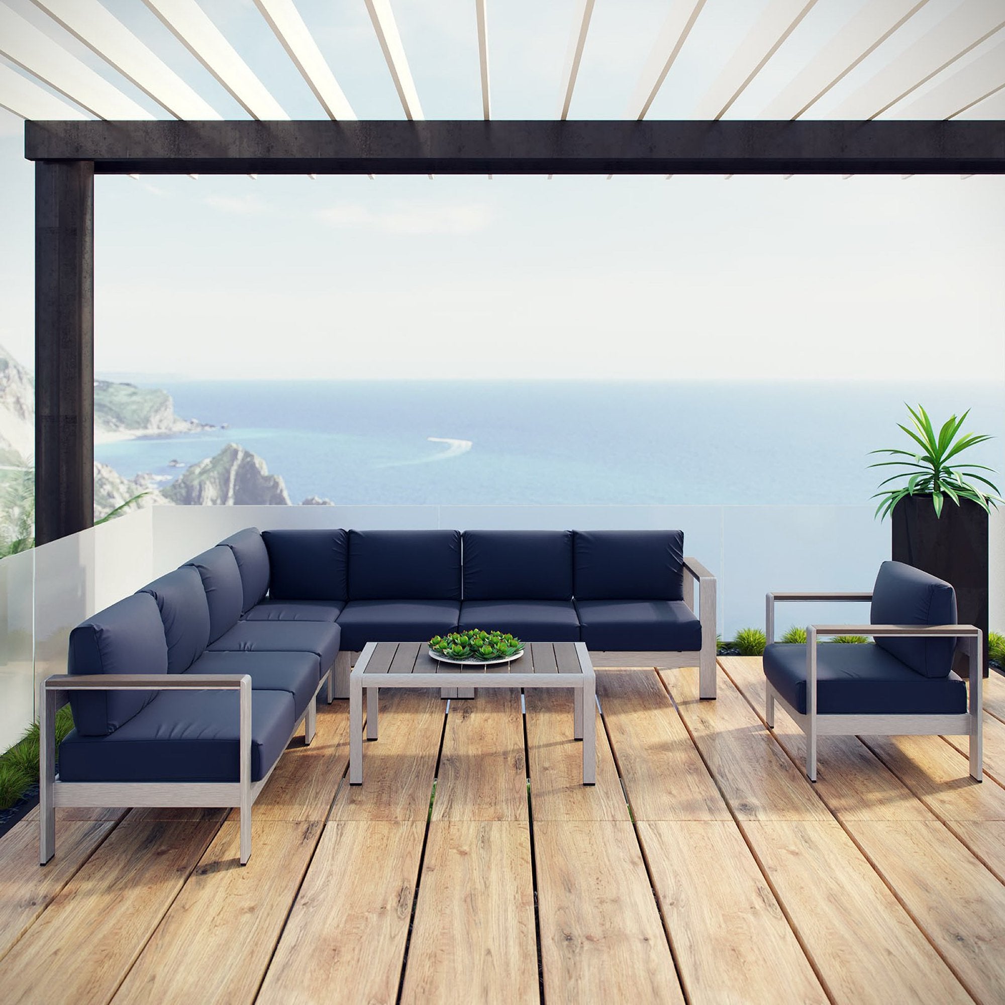 Shore 7 Piece Outdoor Patio Aluminum Sectional Sofa Set, Silver Navy
